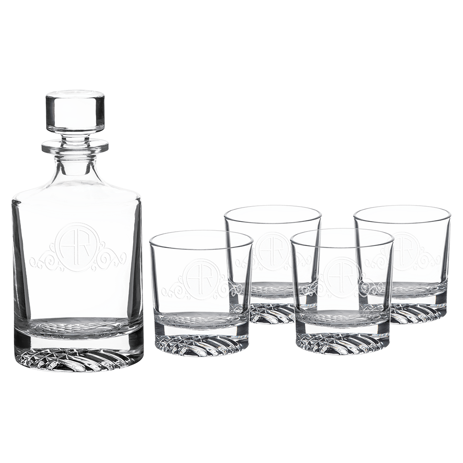 Clear glass decanter and four glasses with engraved logo on a white background