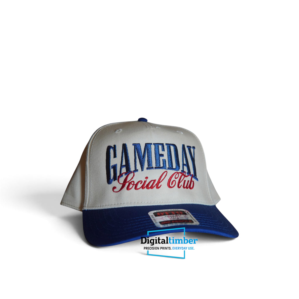 Snapback hat with Gameday Social Club embroidery and a contrasting dark brim