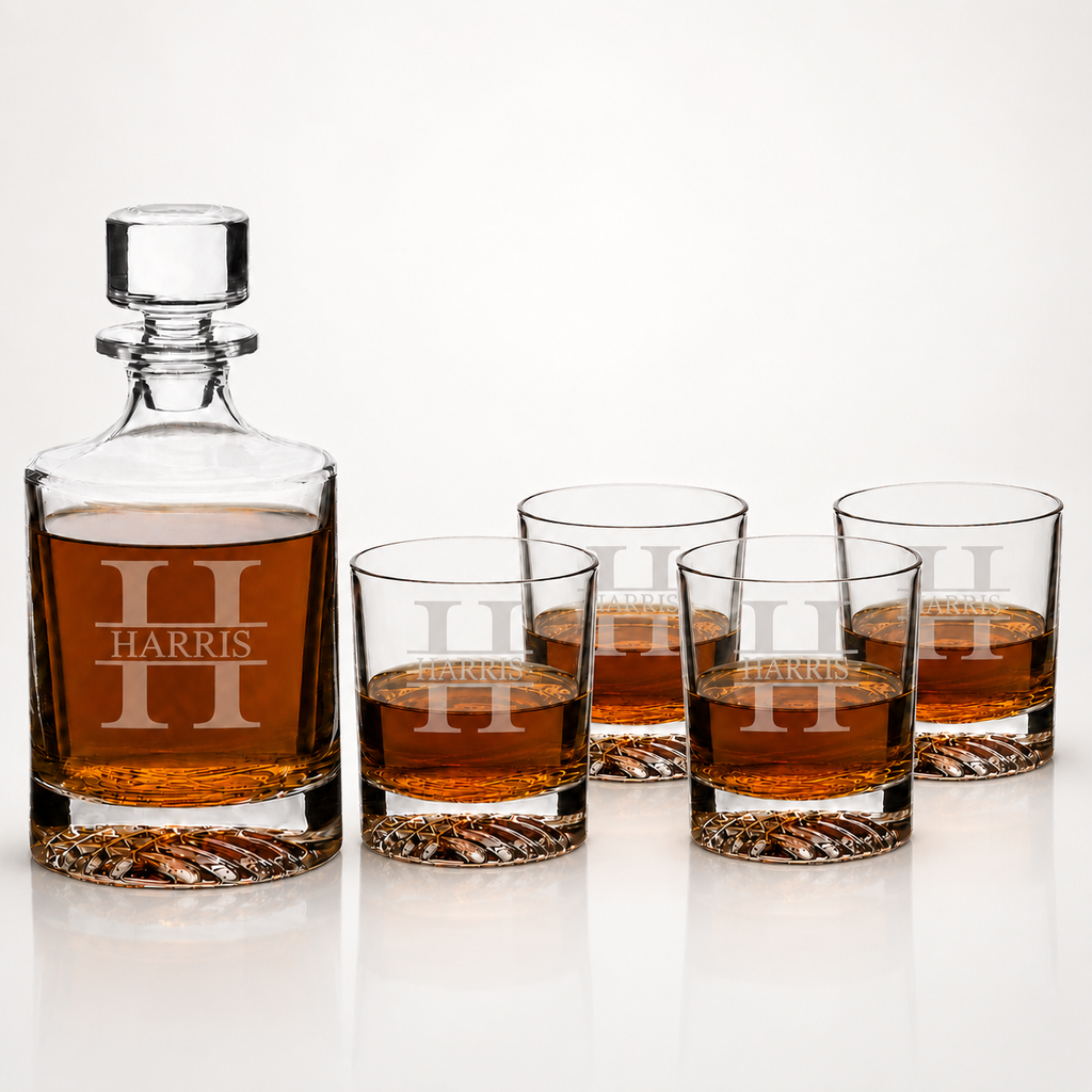 A clear glass whiskey decanter with a stopper, filled with amber liquor, alongside four matching lowball glasses. The glassware is etched with a large Roman numeral 'H' and the name 'HARRIS' on the front, set against a clean white background.