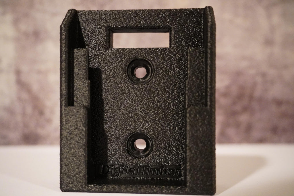 Close-up of DeWalt 20V battery holder with DigitalTimber logo on a textured background (etsy image id: 6550742655)