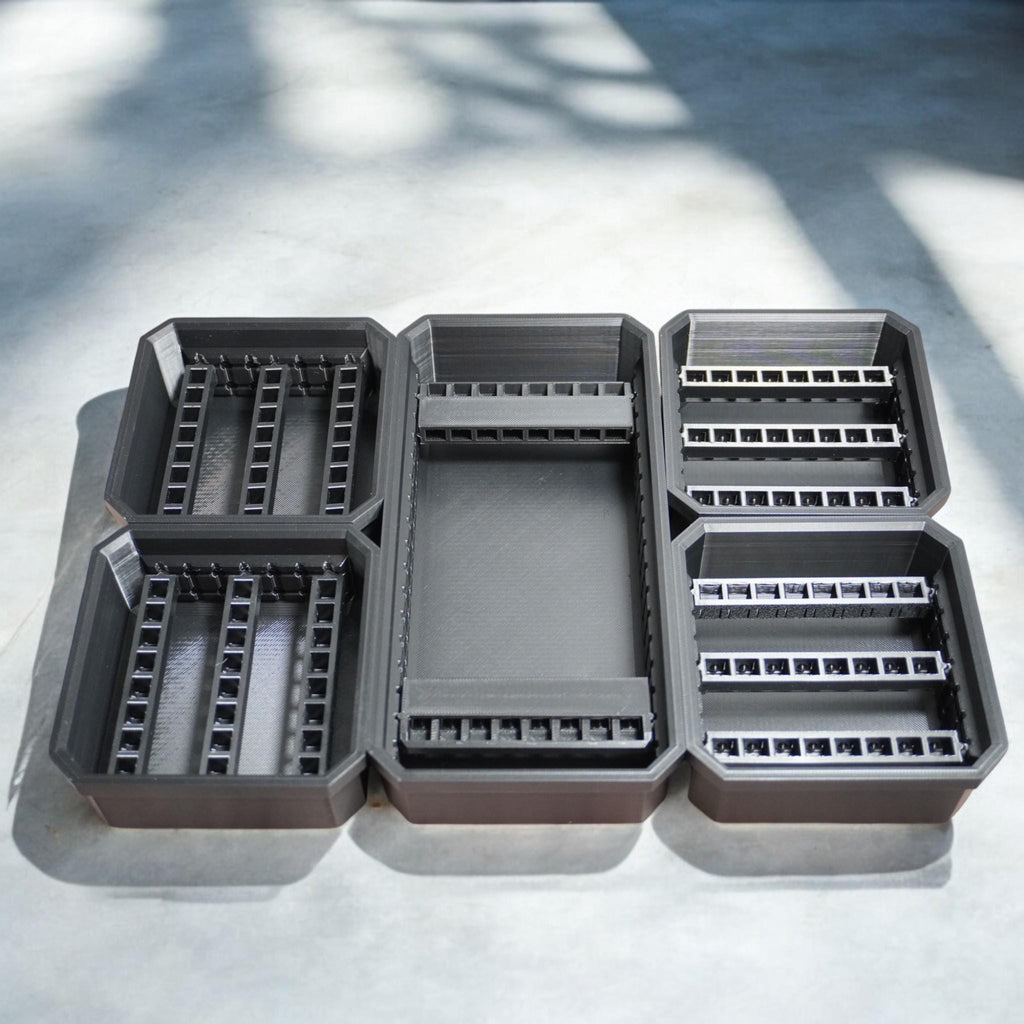 Bit Bins designed for use with the Milwaukee Low-Profile Compact Small Parts Organizer. Made from durable PETG, this set includes all holders shown in the images: four small square bins and one long rectangular bin. (etsy image id: 6579859925)