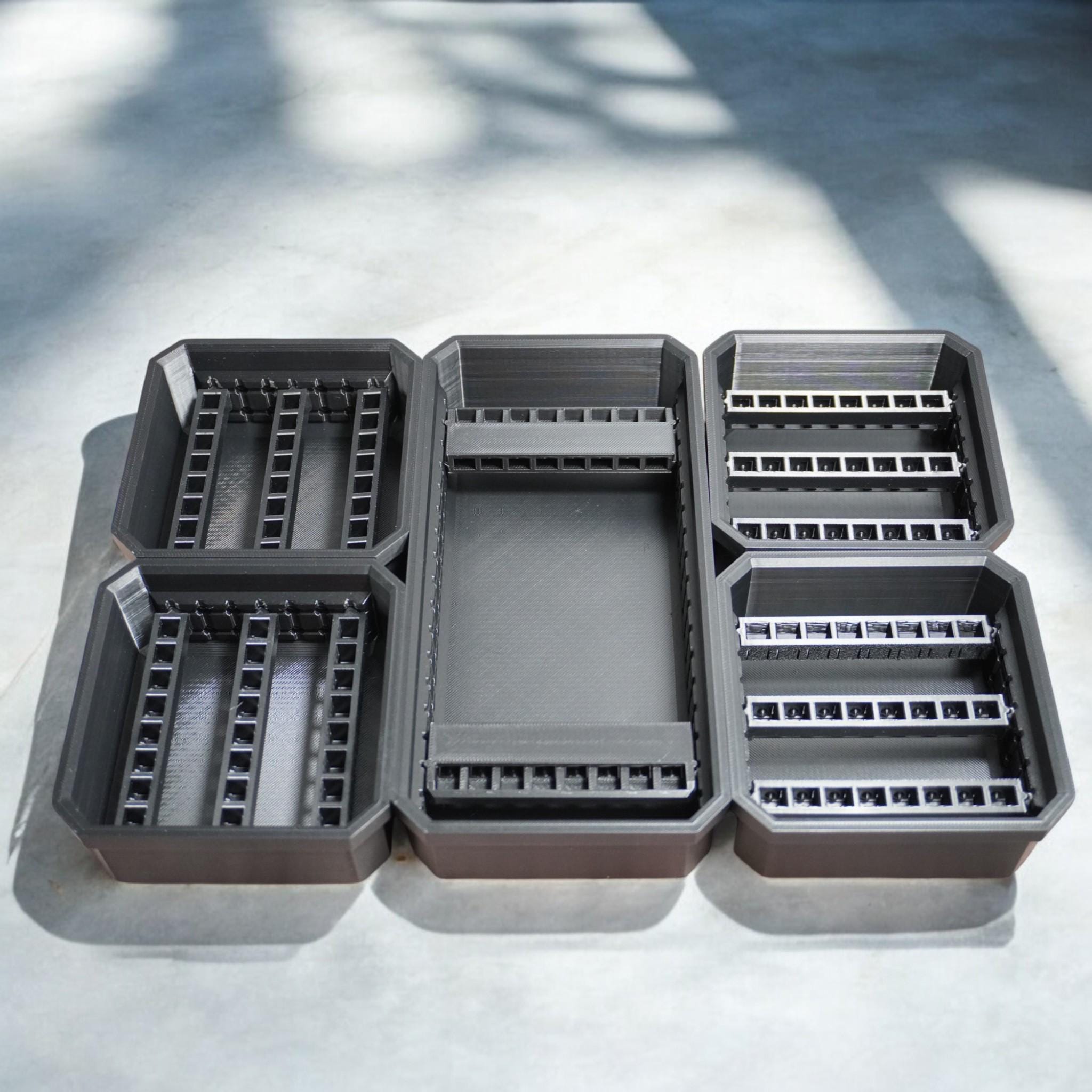 Bit Bins designed for use with the Milwaukee Low-Profile Compact Small Parts Organizer. Made from durable PETG, this set includes all holders shown in the images: four small square bins and one long rectangular bin. (etsy image id: 6579859925)