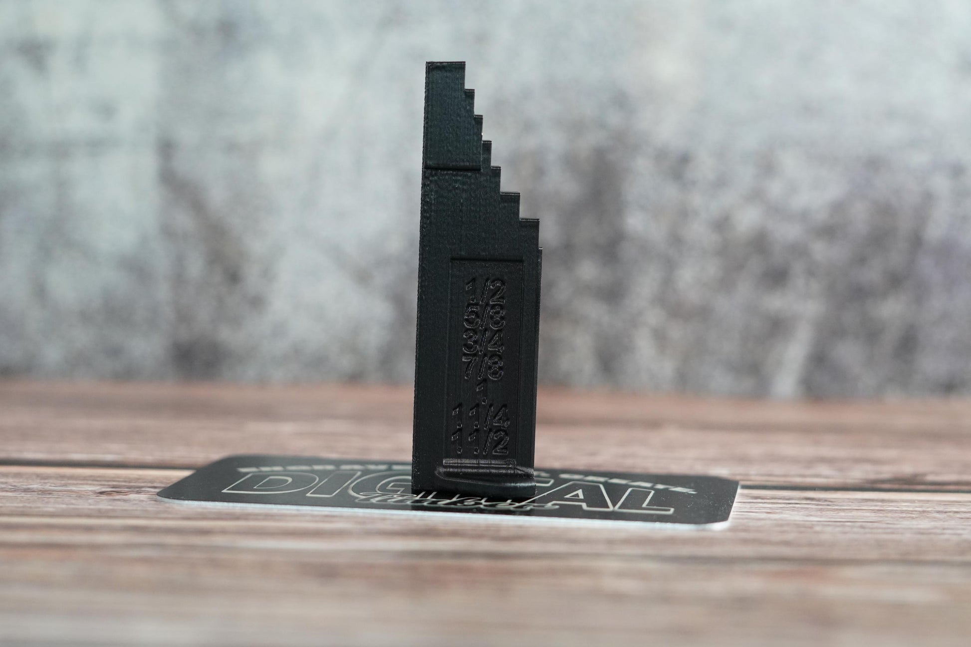 Festool-compatible gauge block standing upright showing labeled plunge depth sizes from 1/2 to 1-1/2 inches (etsy image id: 6749104754)