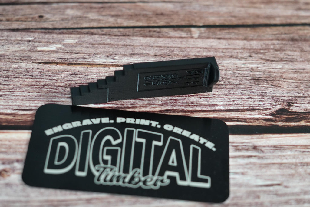 Black 3D-printed Domino depth gauge block with Digital Timber branding, displayed on wood background (etsy image id: 6749104764)