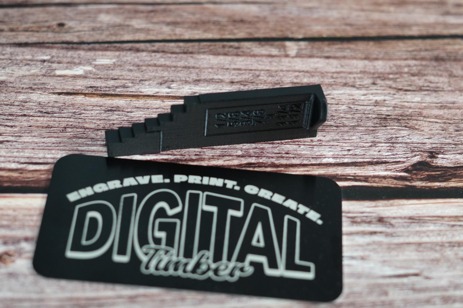 Black 3D-printed Domino depth gauge block with Digital Timber branding, displayed on wood background (etsy image id: 6749104764)