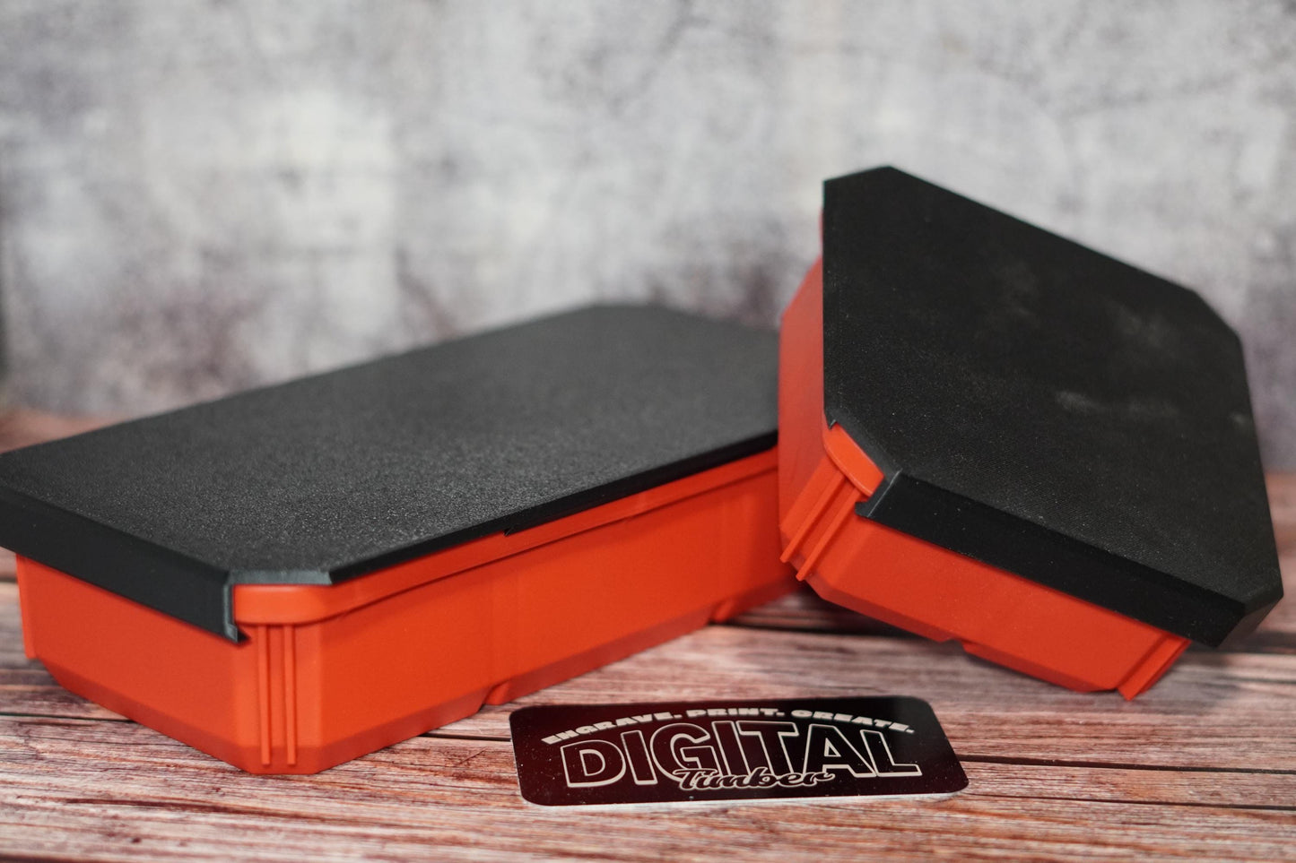 Full set of Milwaukee Packout bin covers on red bins with Digital Timber card (etsy image id: 6791894018)