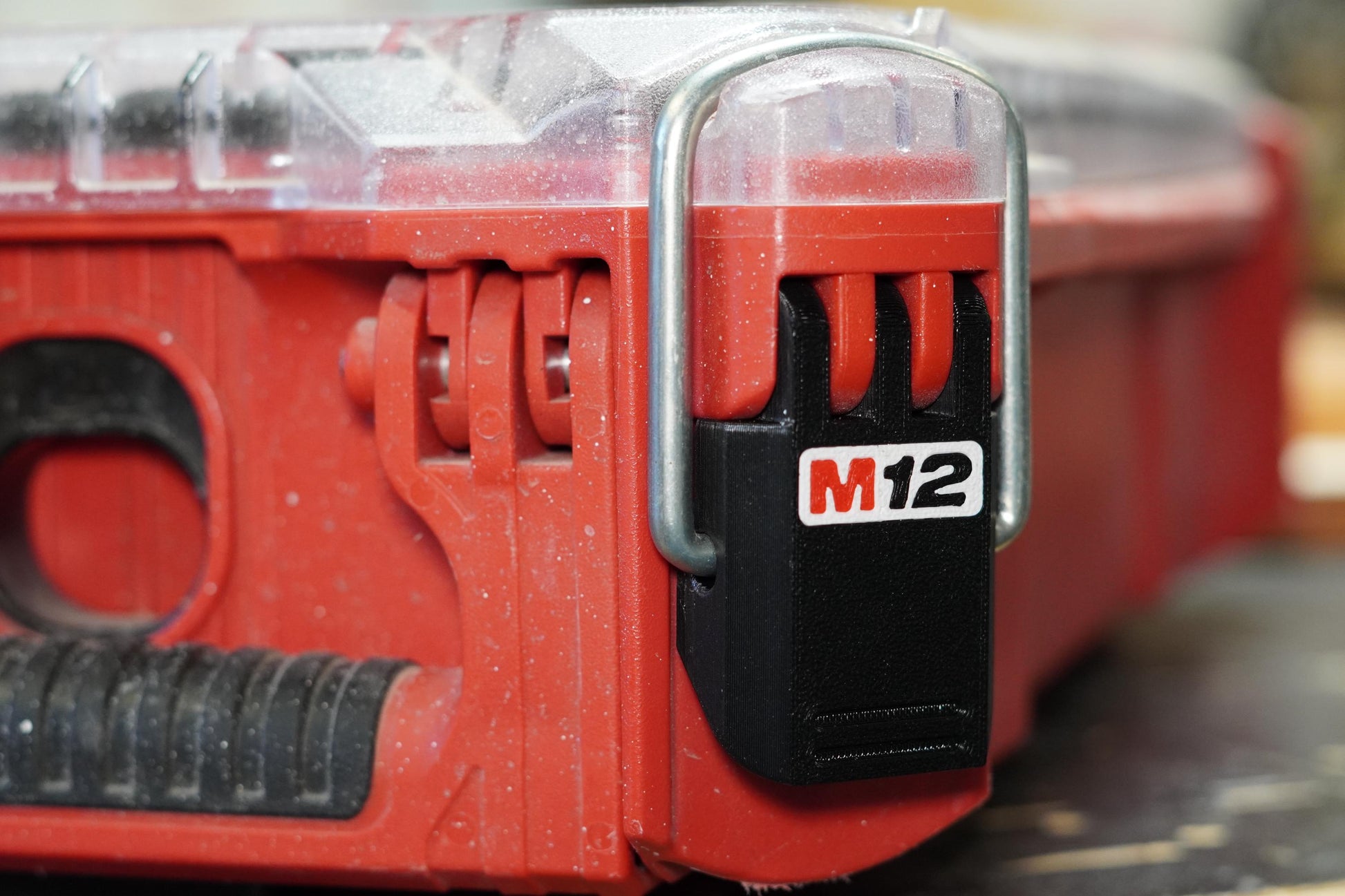 Installed on red Packout box (close) – "Milwaukee M12 latch installed on Packout 48-22-8435 (etsy image id: 6797192950)