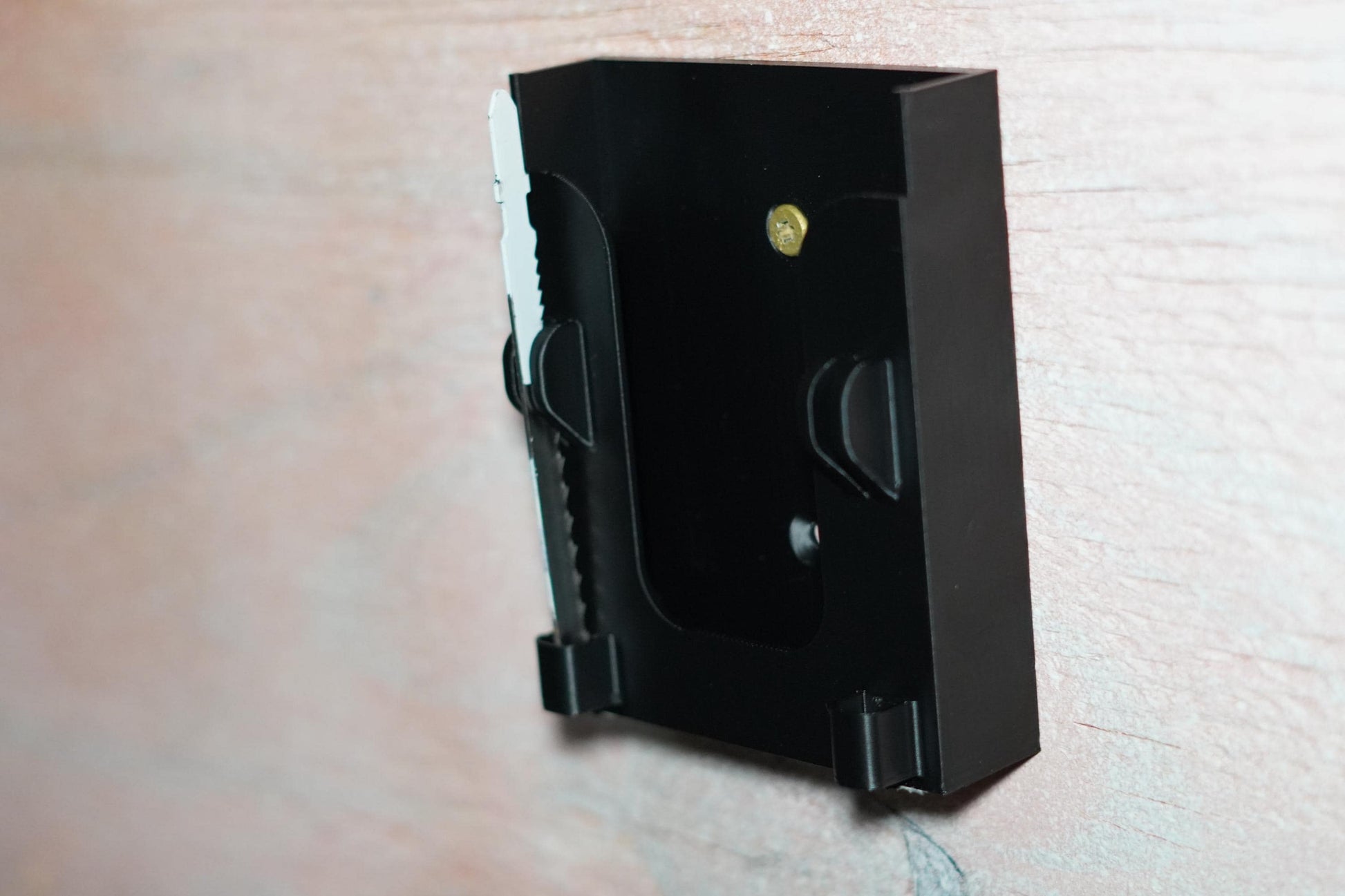 Flat front view of Milwaukee jigsaw holder with blade storage (etsy image id: 6837625281)