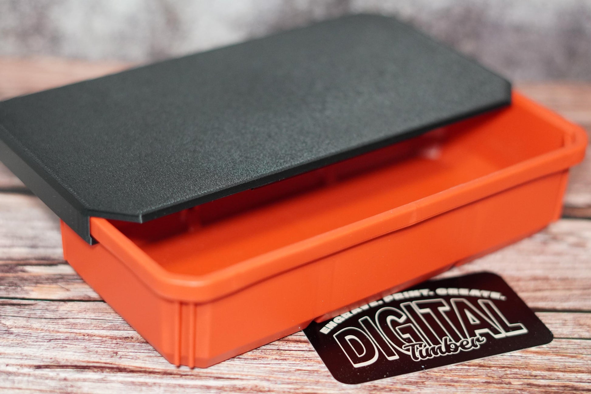 Large red bin open with slide-on black lid resting on top (etsy image id: 6839901493)