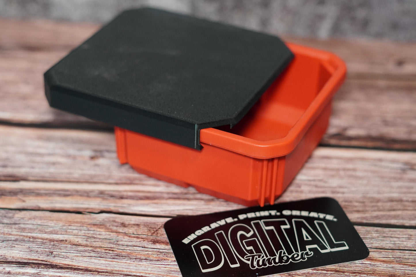 Small bin half-open with 3D printed cover shown from angle (etsy image id: 6839901495)