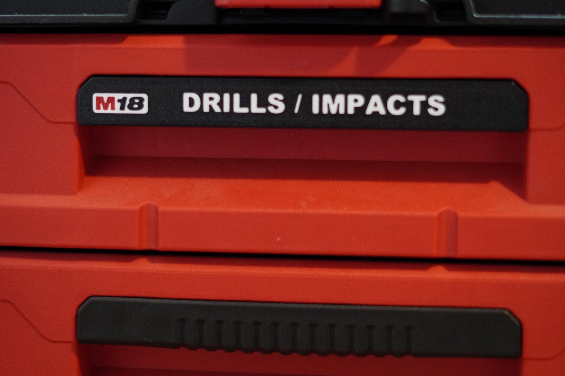 Custom “DRILLS / IMPACTS” handle label installed on a Milwaukee 3-drawer toolbox (etsy image id: 6939130887)