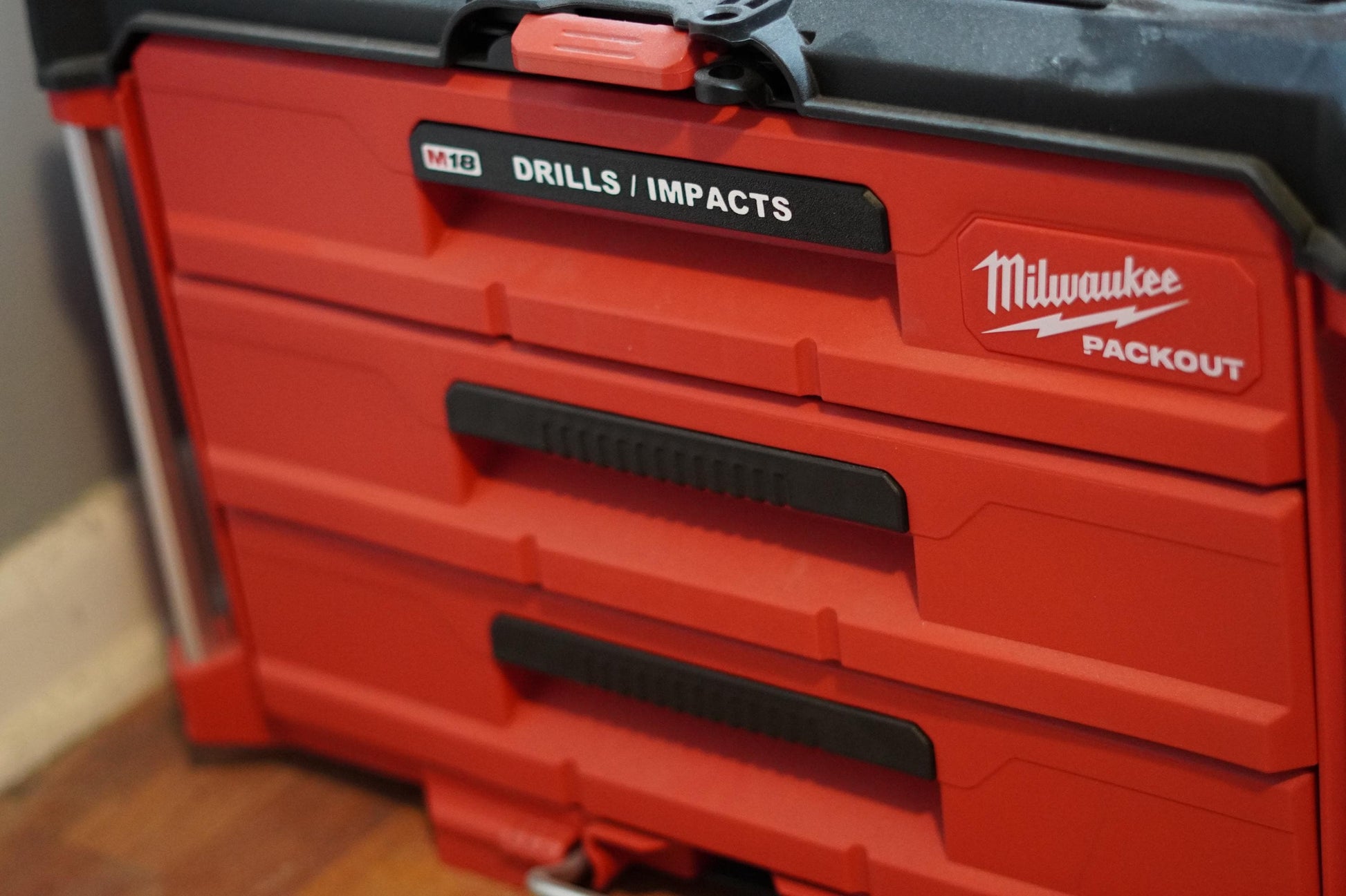 Close-up of M18 labeled handle on toolbox drawer (etsy image id: 6939130891)