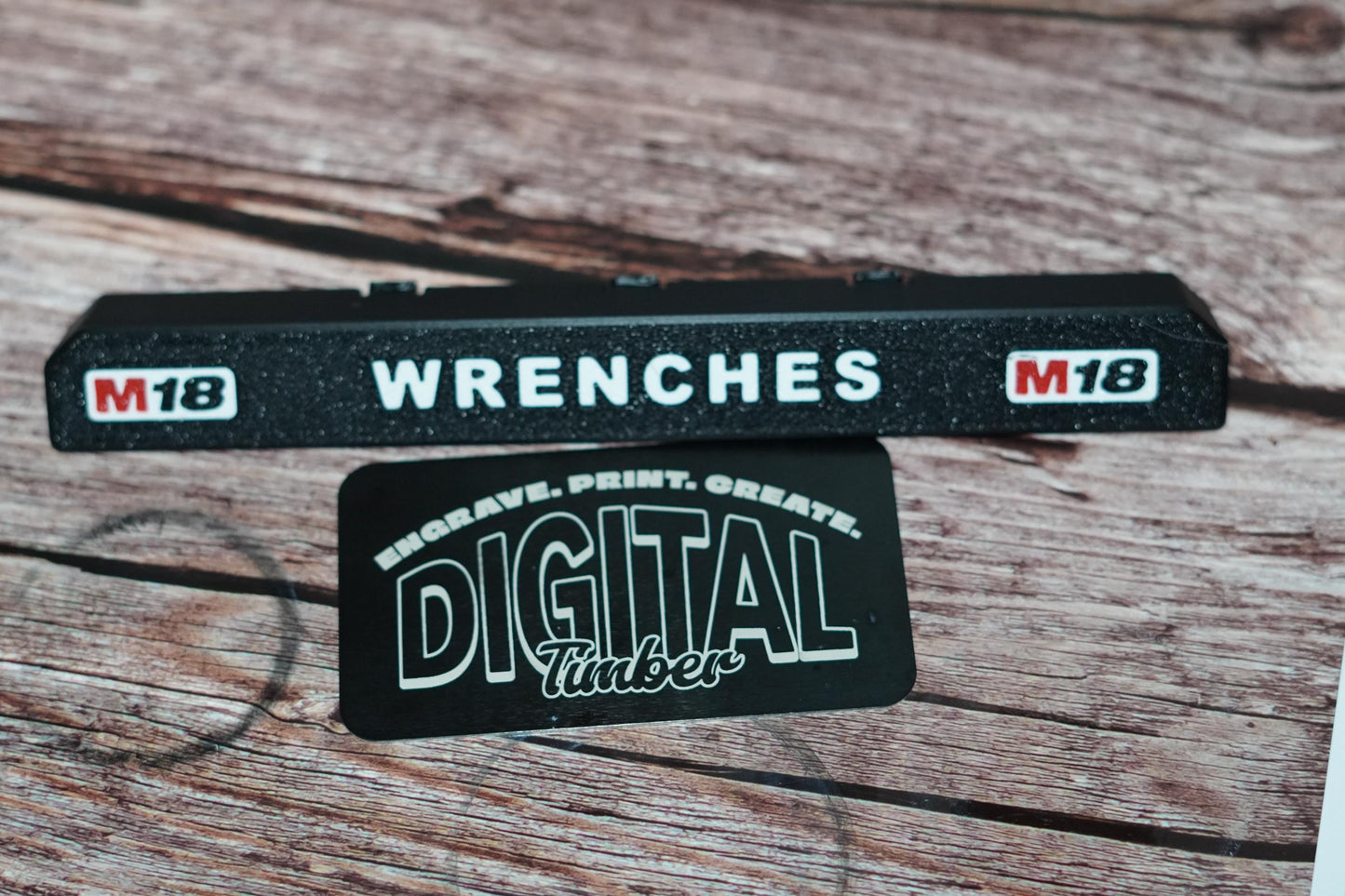 WRENCHES 3D printed label with M18 icons and DigitalTimber card (etsy image id: 6939130909)