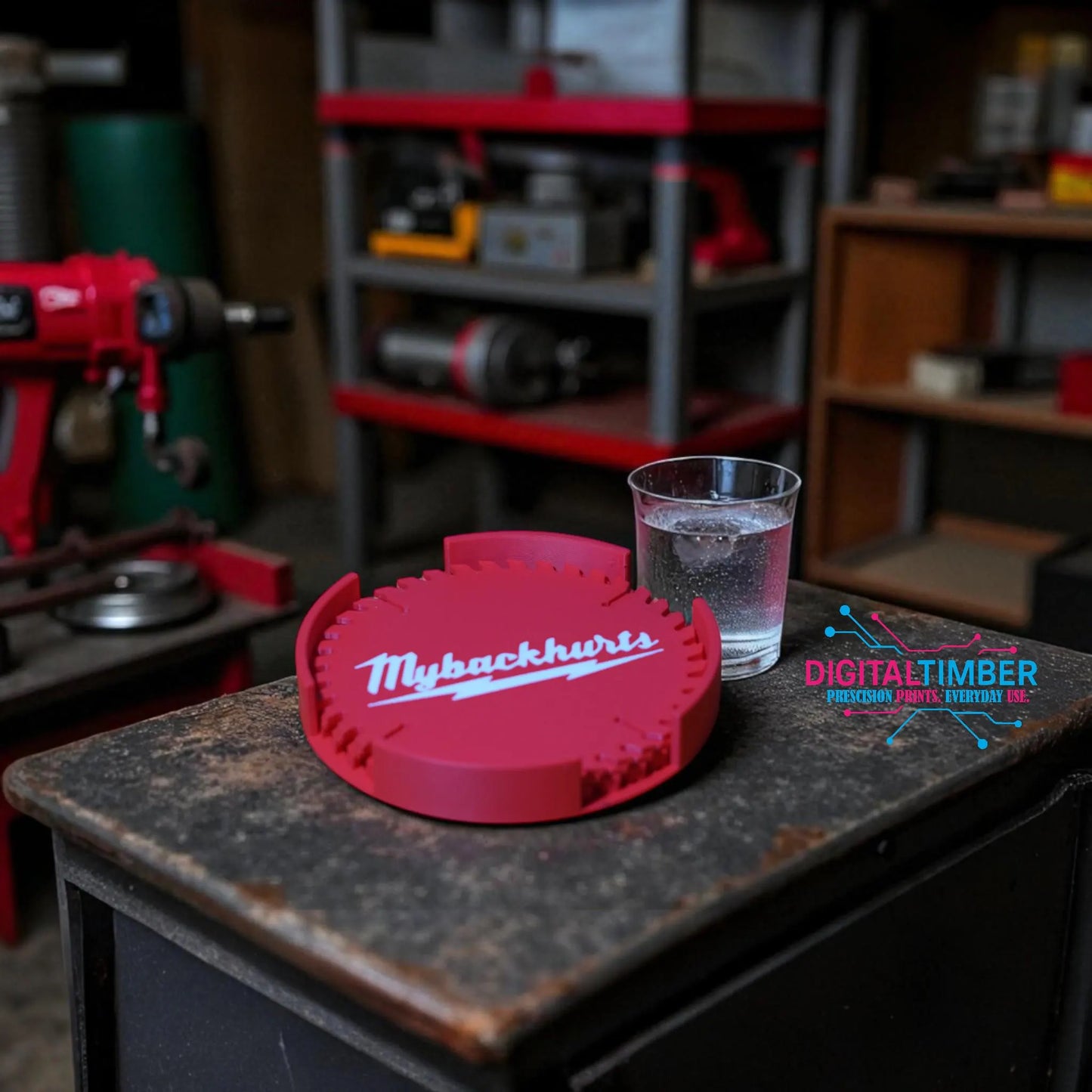 MyBackHurts Saw Blade Coaster Set: Funny Garage Decor, Red 4-Pack