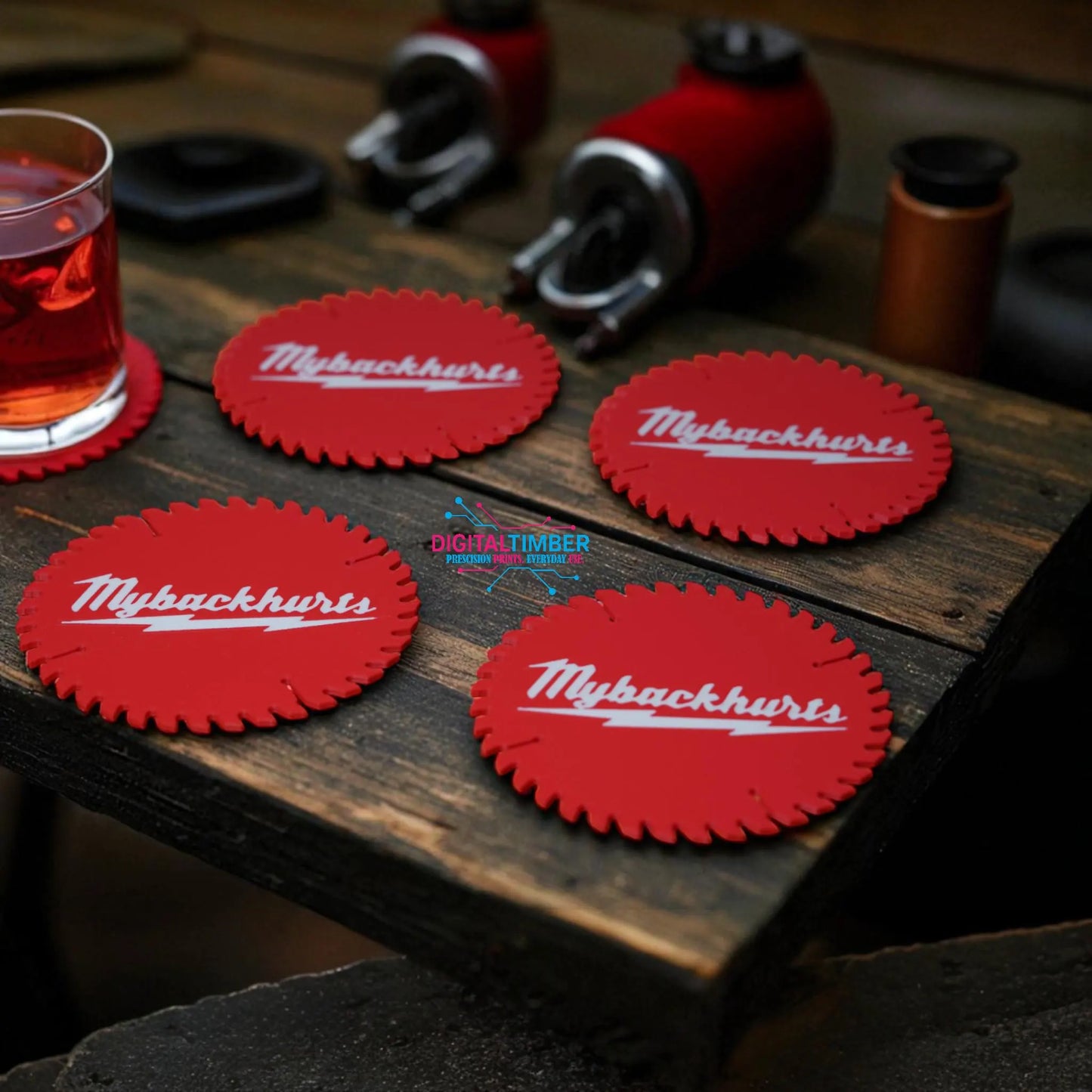 MyBackHurts Saw Blade Coaster Set: Funny Garage Decor, Red 4-Pack