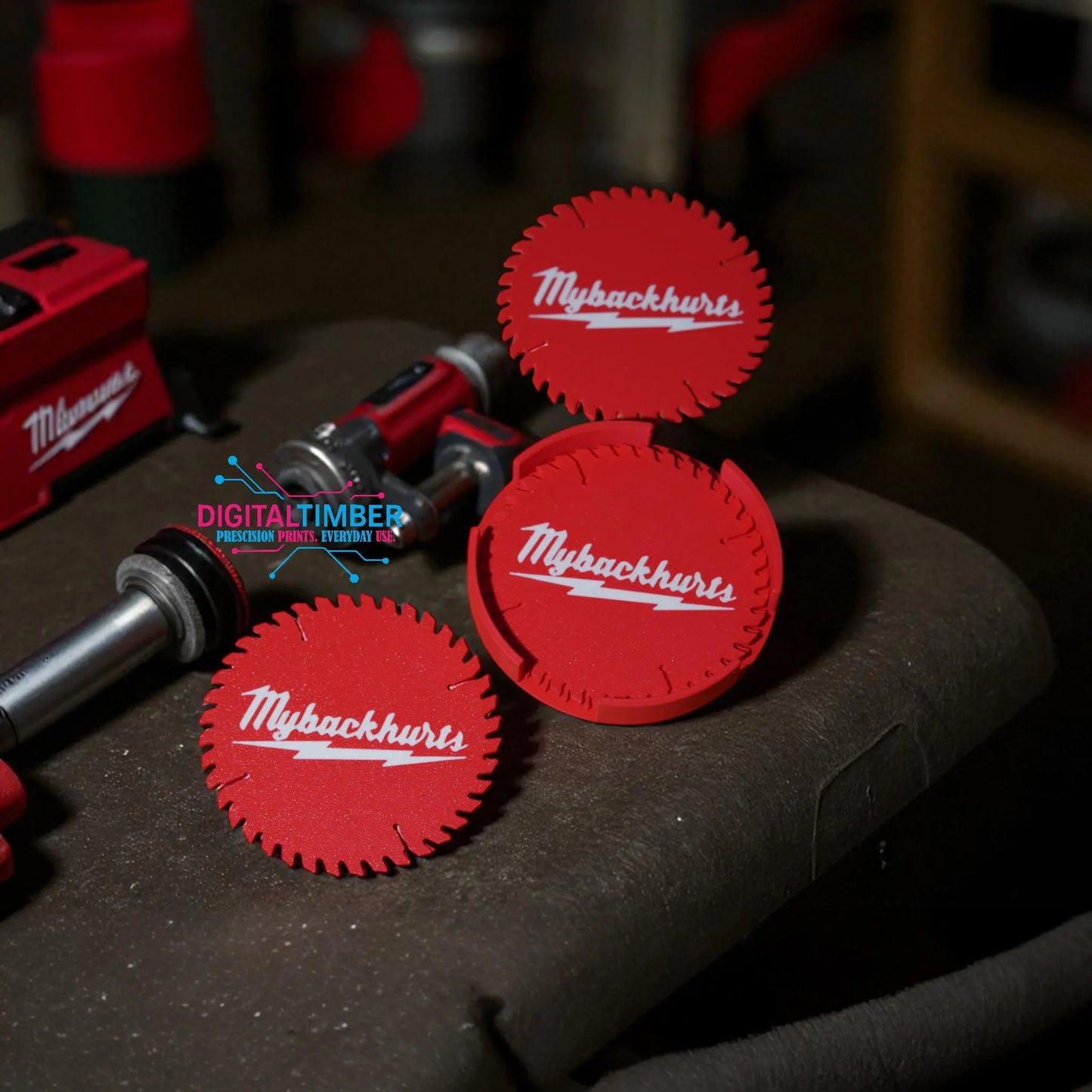 MyBackHurts Saw Blade Coaster Set: Funny Garage Decor, Red 4-Pack