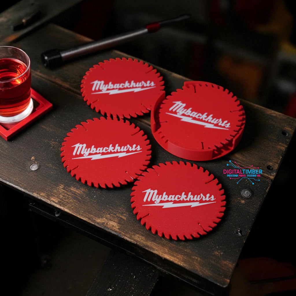 Red saw blade coasters with “MyBackHurts” text placed on a dark wood bench with glass of whiskey nearby __etsy:7087228042