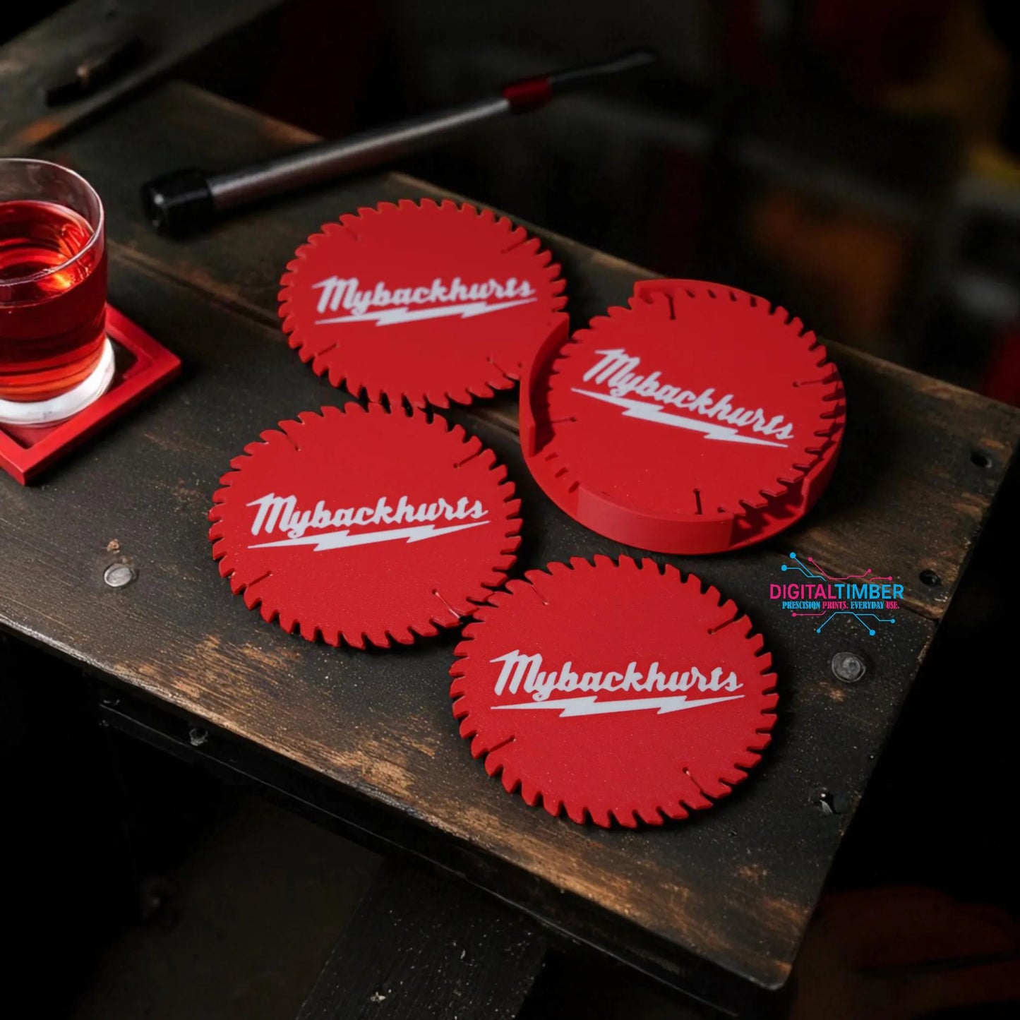 MyBackHurts Saw Blade Coaster Set: Funny Garage Decor, Red 4-Pack