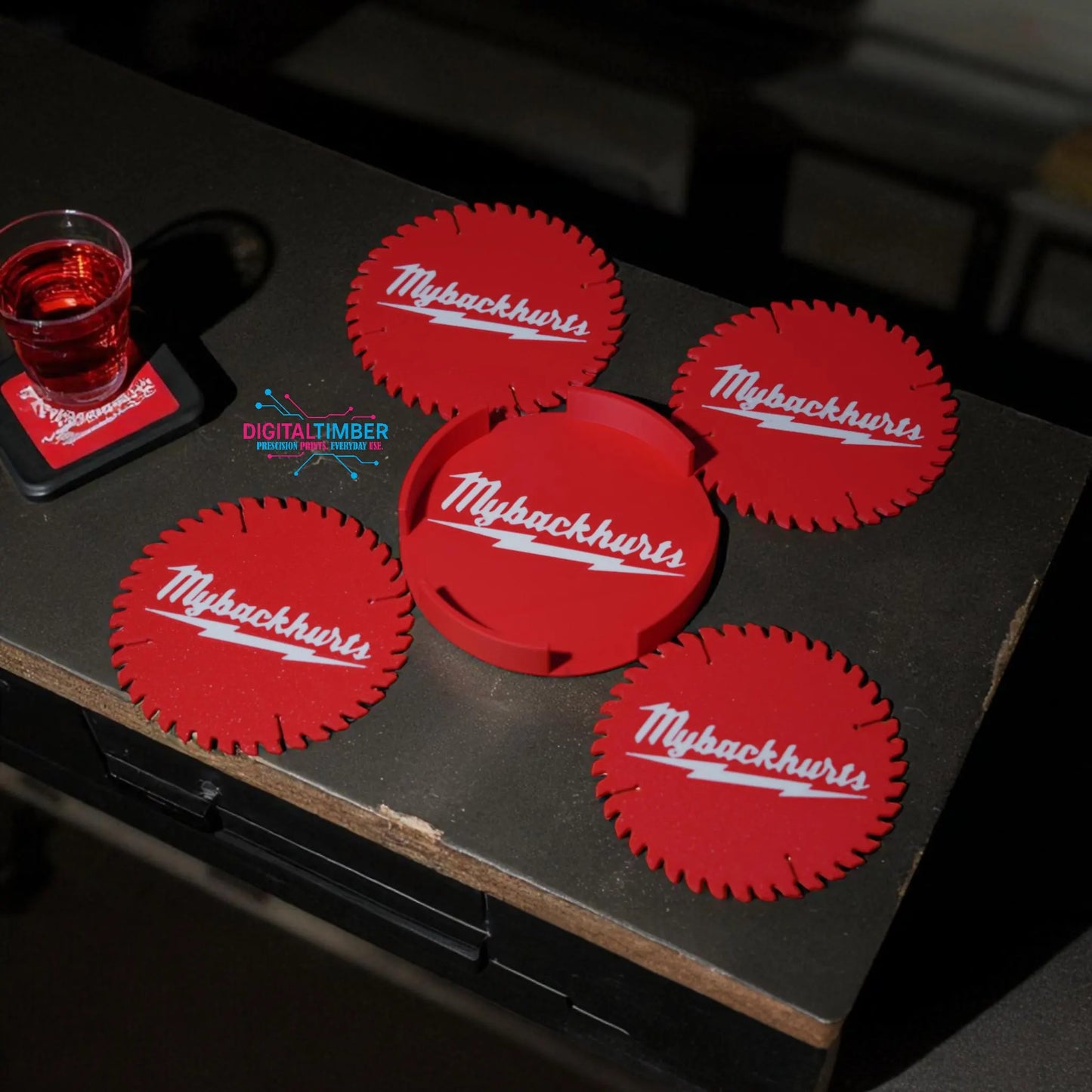 MyBackHurts Saw Blade Coaster Set: Funny Garage Decor, Red 4-Pack
