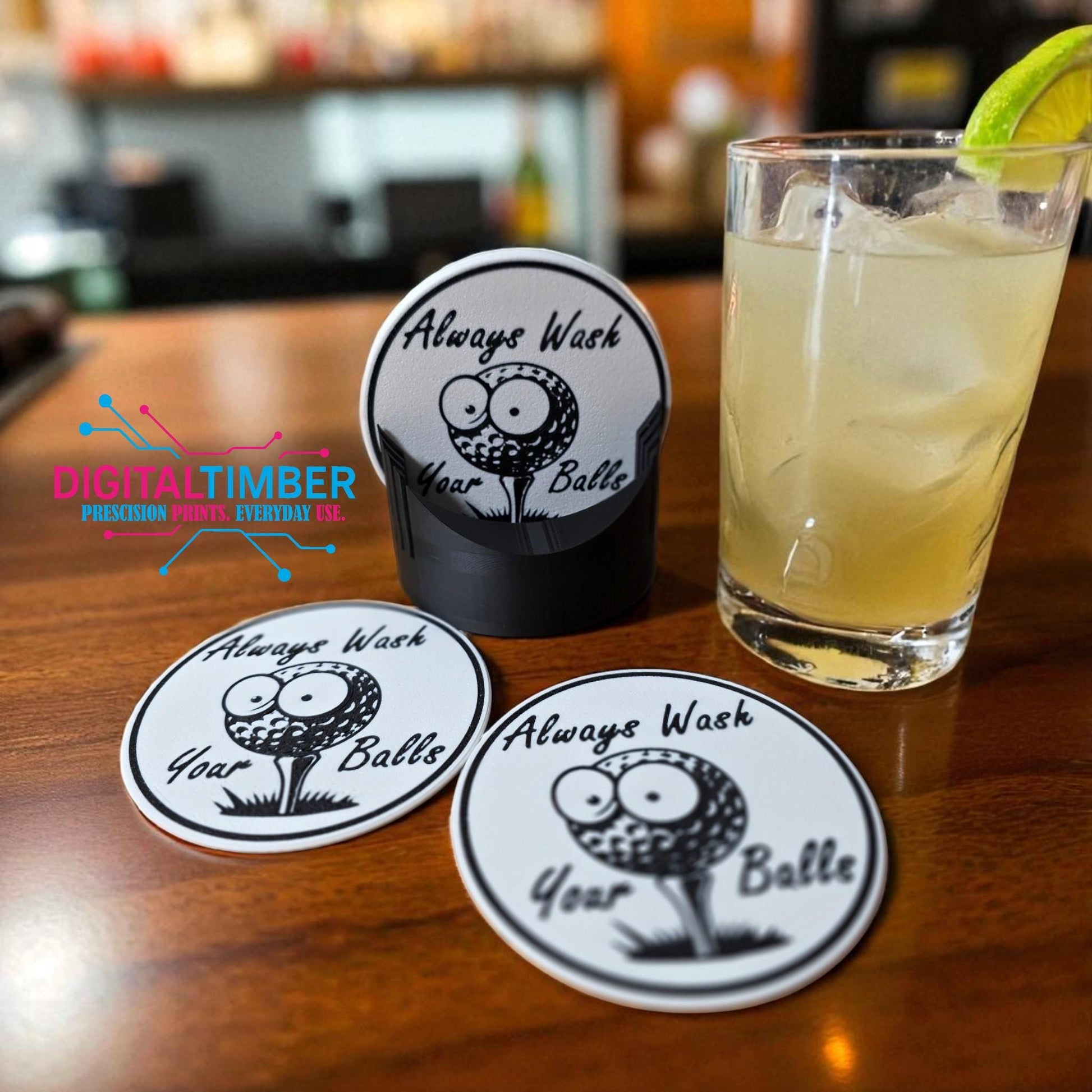 Funny golf coaster set – "Always Wash Your Balls" with holder on wood table (etsy image id: 7247874646)