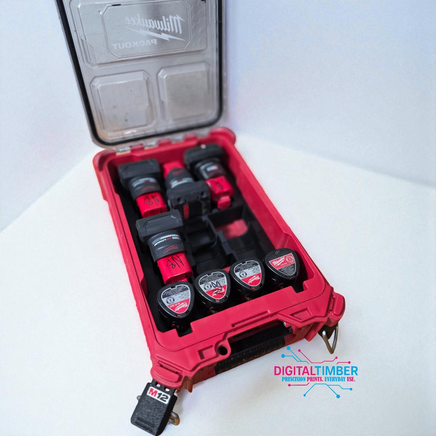 Milwaukee M12 battery insert inside Packout organizer holding multiple batteries (etsy image id: 7275291396)