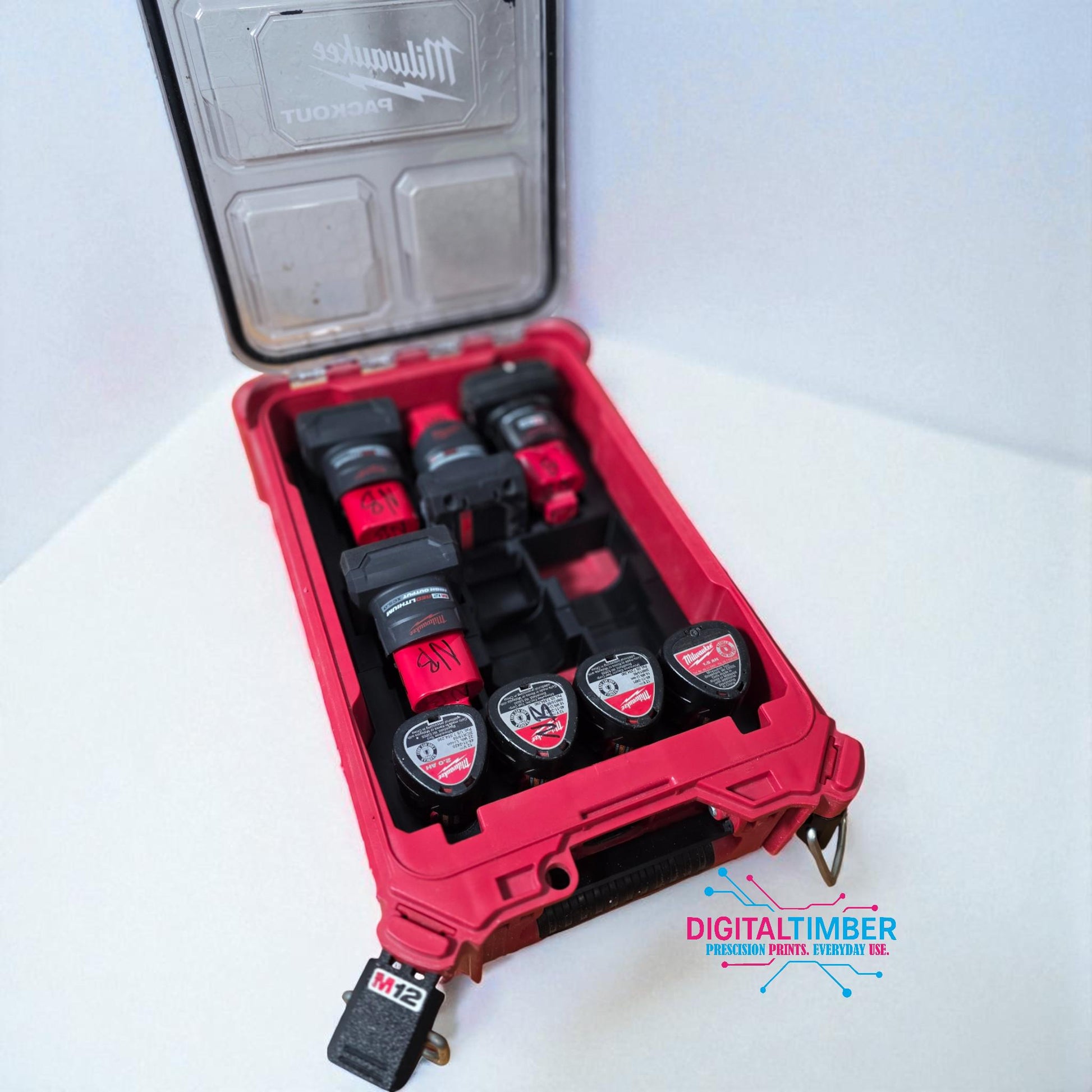 Milwaukee M12 battery insert inside Packout organizer holding multiple batteries (etsy image id: 7275291396)