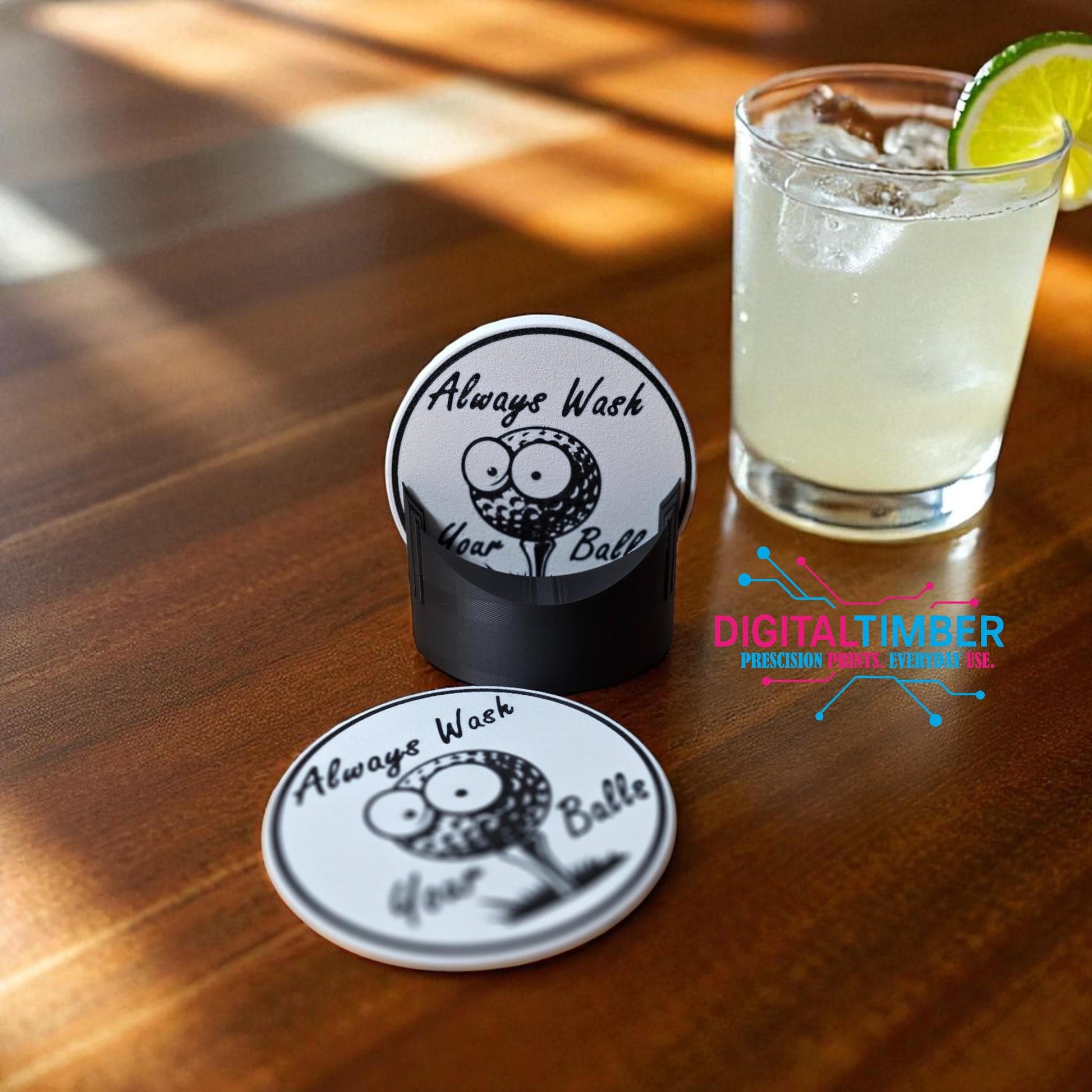 Single funny golf coaster with glass of cocktail on top (etsy image id: 7295832583)