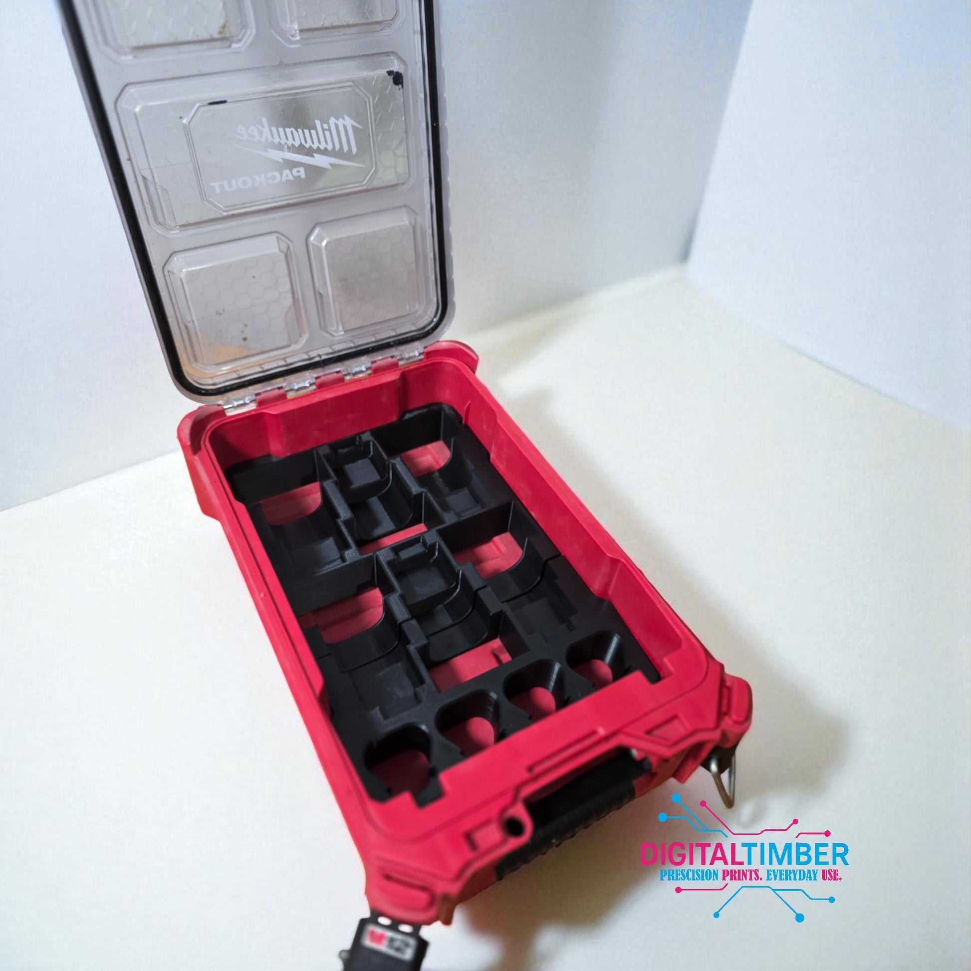 Milwaukee M12 battery insert inside Packout organizer holding multiple batteries (etsy image id: 7323242511)