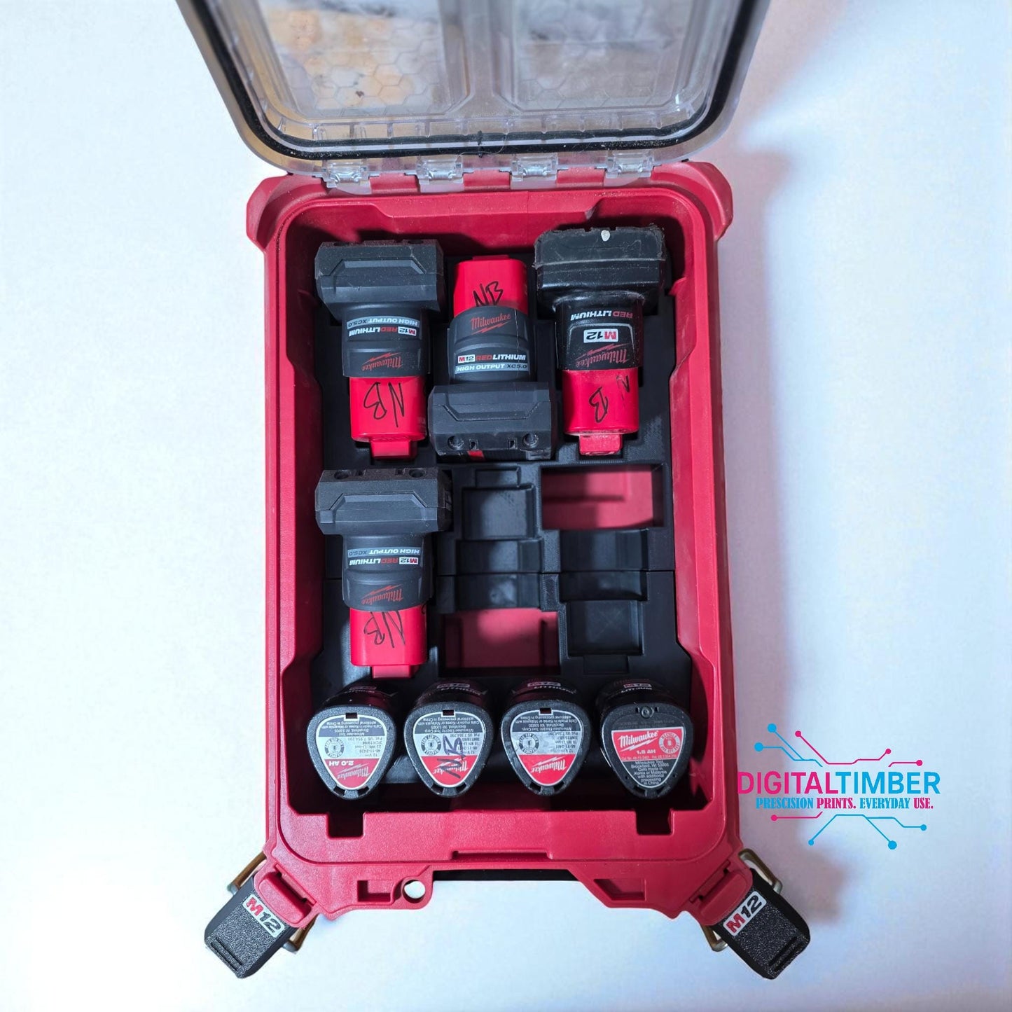 Top view showing organized layout of M12 CP and XC batteries (etsy image id: 7323242515)