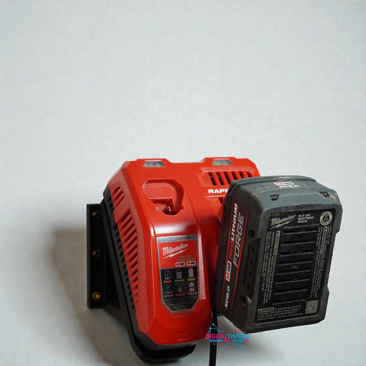 Milwaukee M12/M18 charger with battery mounted to 3D printed wall bracket for shop storage (etsy image id: 7442989646)
