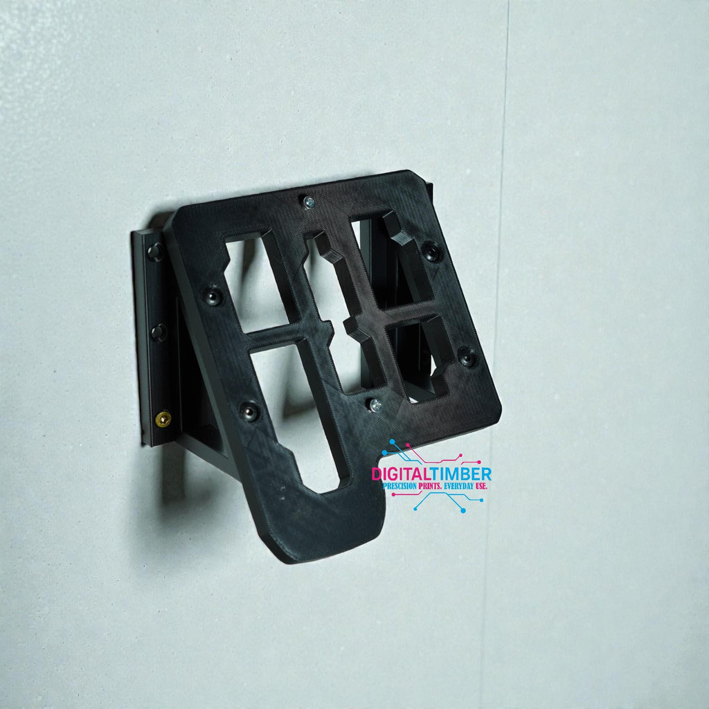 Angled view of 3D printed Milwaukee charger stand installed on wall showing mounting support structure (etsy image id: 7442989648)