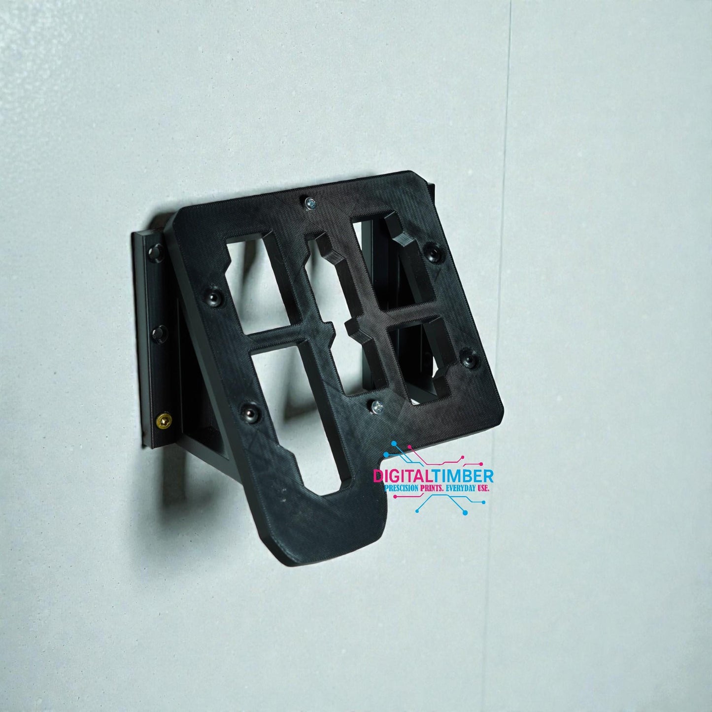 Angled view of 3D printed Milwaukee charger stand installed on wall showing mounting support structure (etsy image id: 7442989648)
