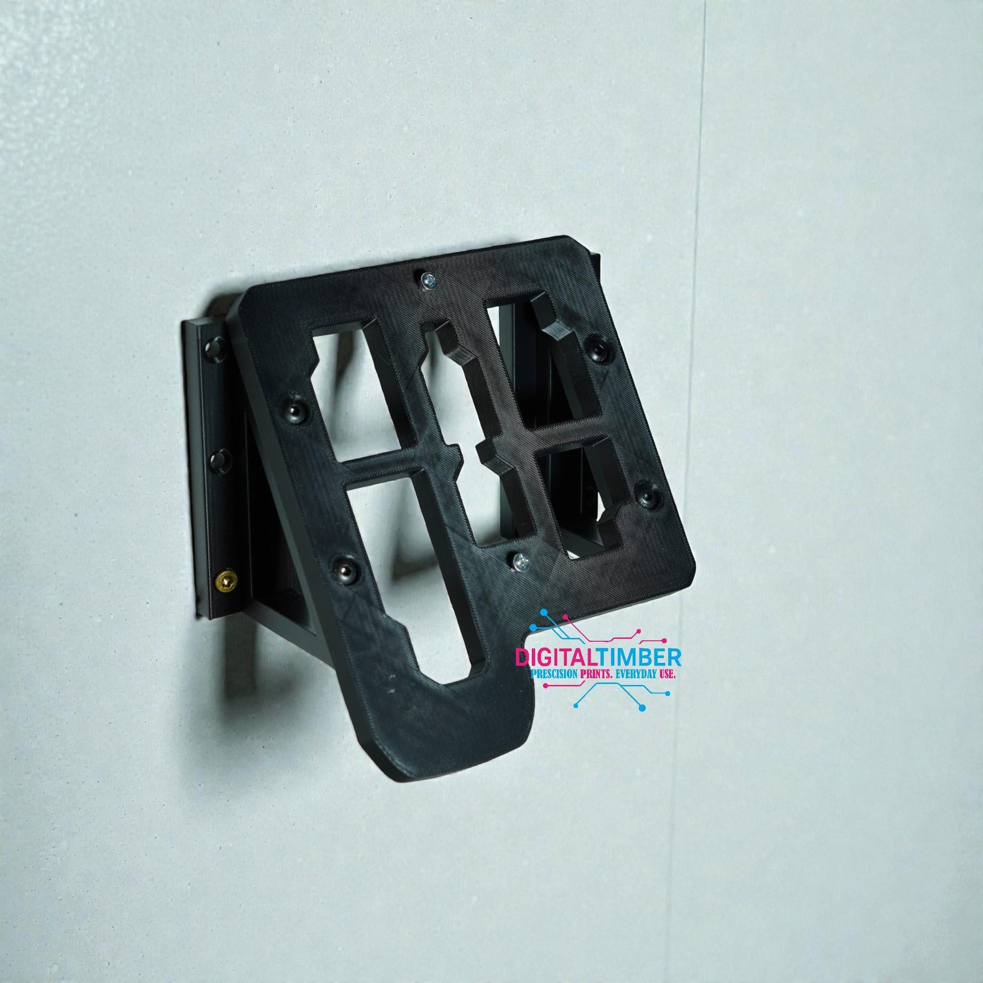 Angled view of 3D printed Milwaukee charger stand installed on wall showing mounting support structure (etsy image id: 7442989648)