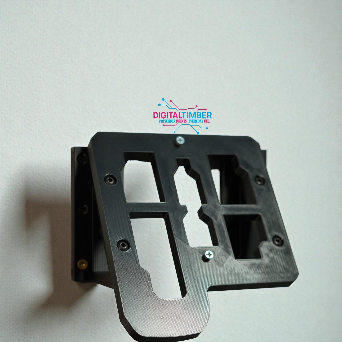 Milwaukee charger wall mount installed at slight downward angle, close-up of 3D printed hardware (etsy image id: 7442989650)