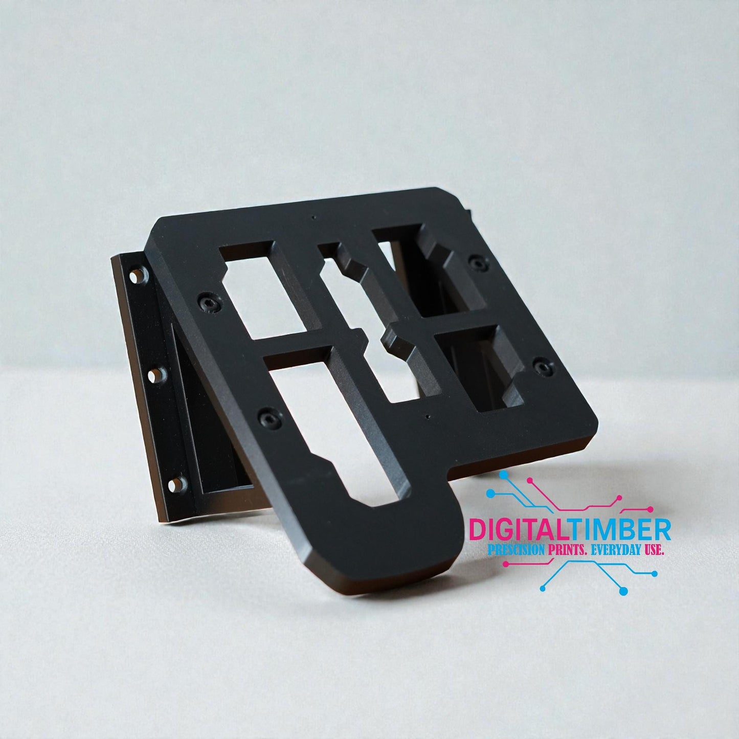 Close-up of 3D printed Milwaukee charger wall mount angled view with screw slide slots (etsy image id: 7490909931)