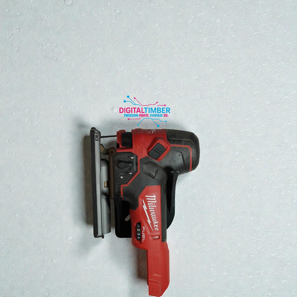 Milwaukee M18 Fuel jigsaw placed vertically on 3D printed wall mount