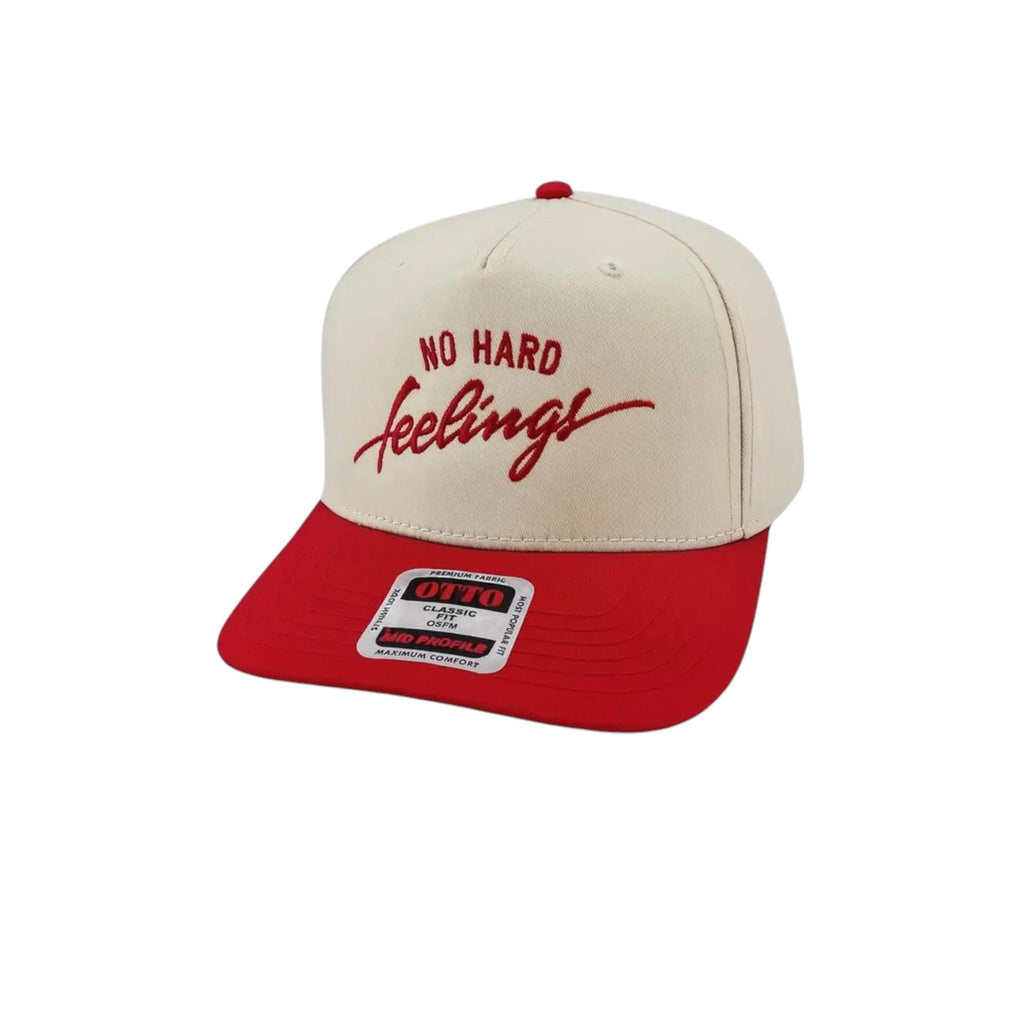 No Hard Feelings embroidered snapback hat with cream crown, red lettering and red bill