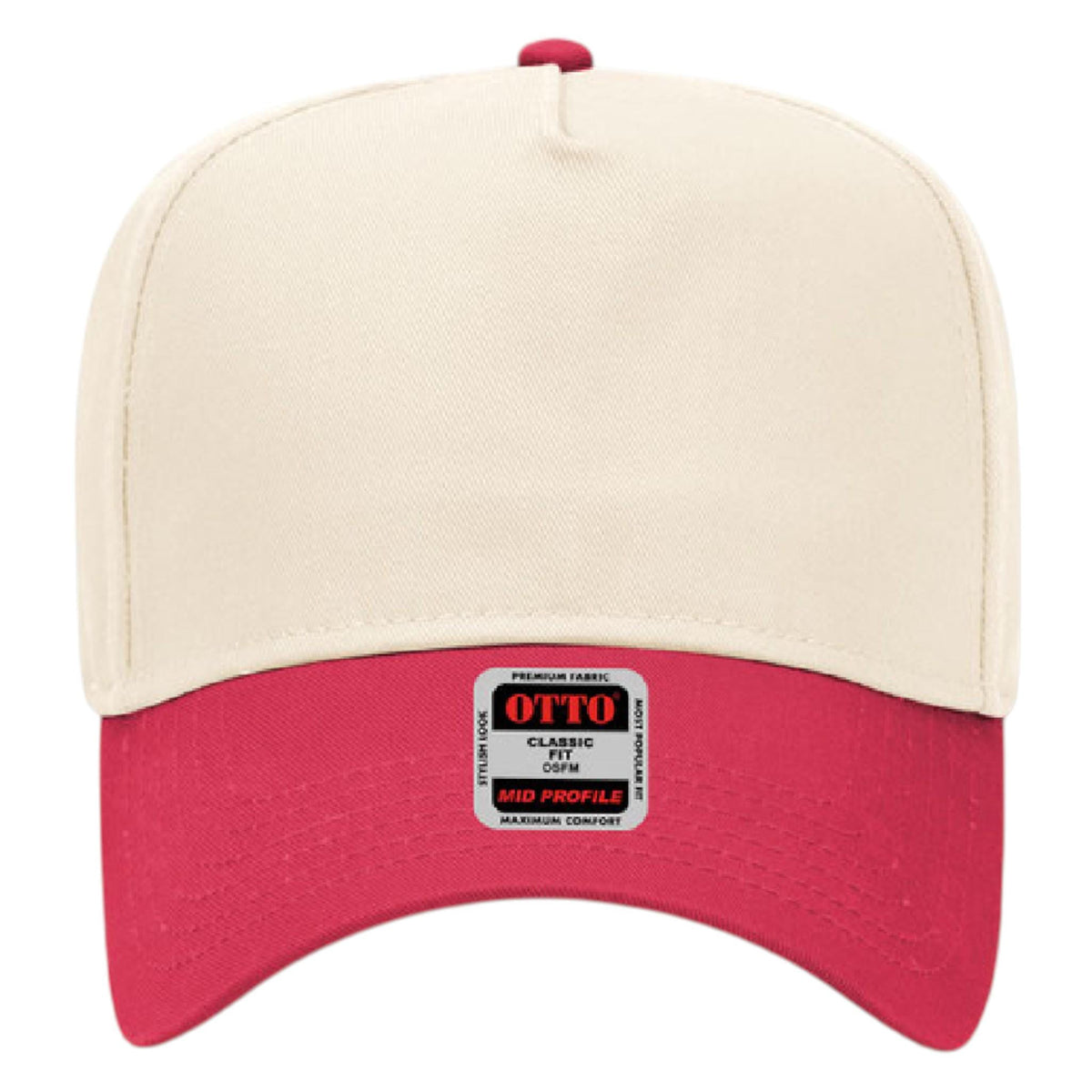 Front view of blank cream Otto cap with red bill