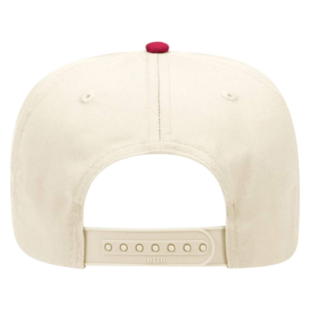 Rear view of cream Otto snapback cap with adjustable closure and red top button