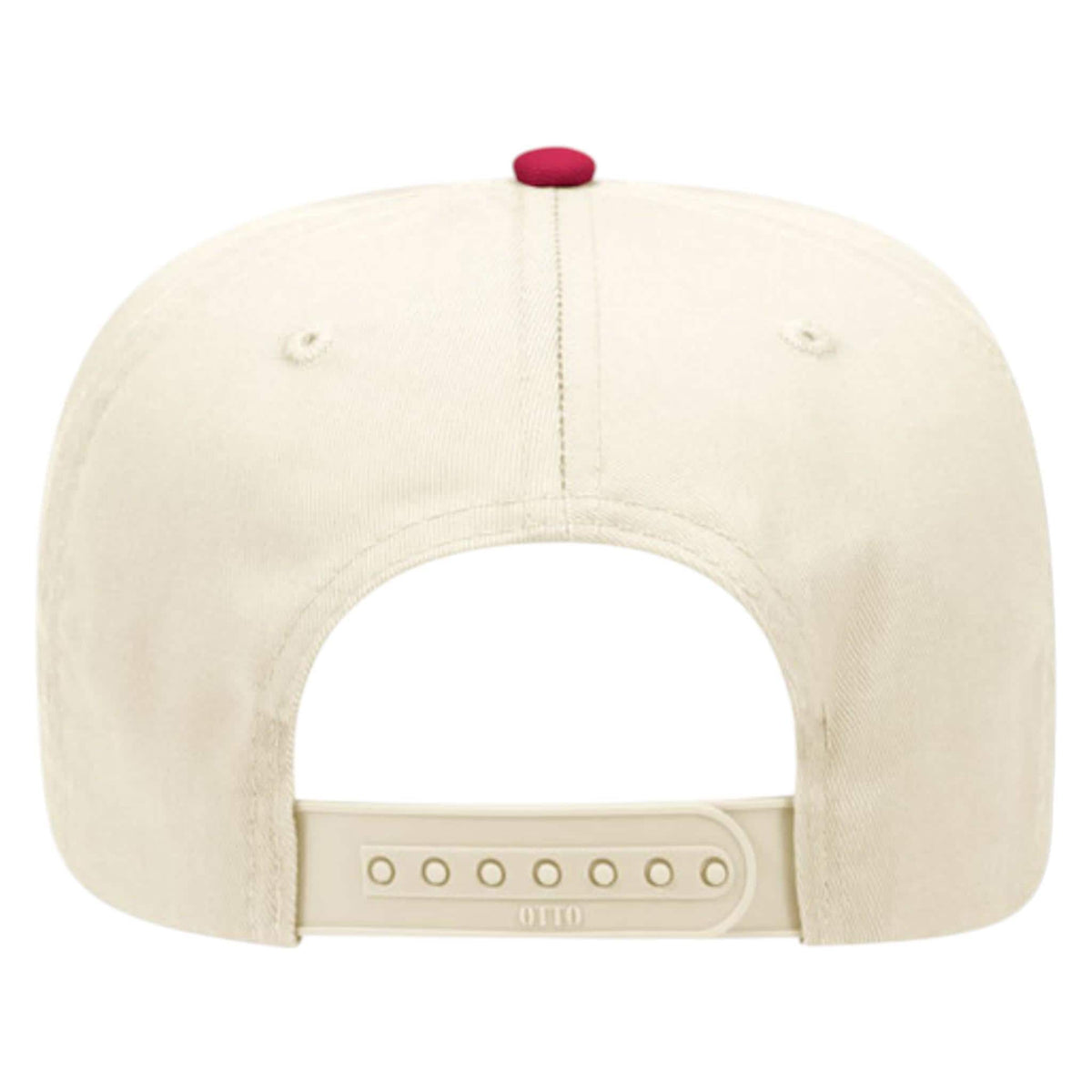 Rear view of an off-white snapback hat with a red button on top and an adjustable plastic strap with "OTTO" embossed on it. __etsy:8284216108