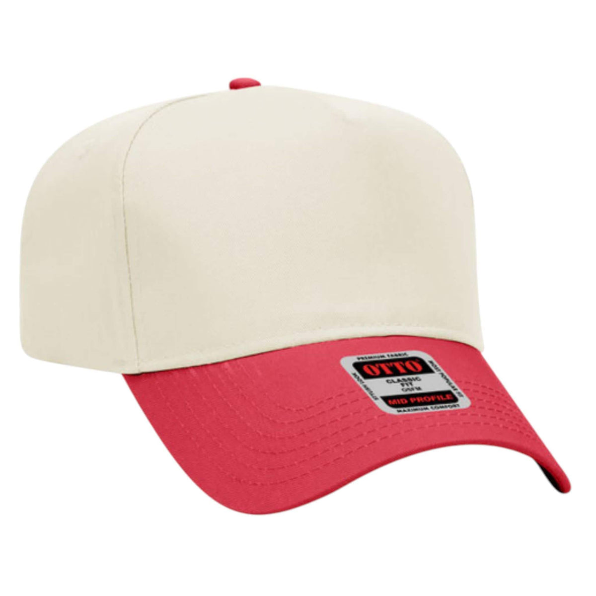Side view of an off-white snapback hat with a red brim and a red button on top, with a white tag visible on the brim. __etsy:8284216292