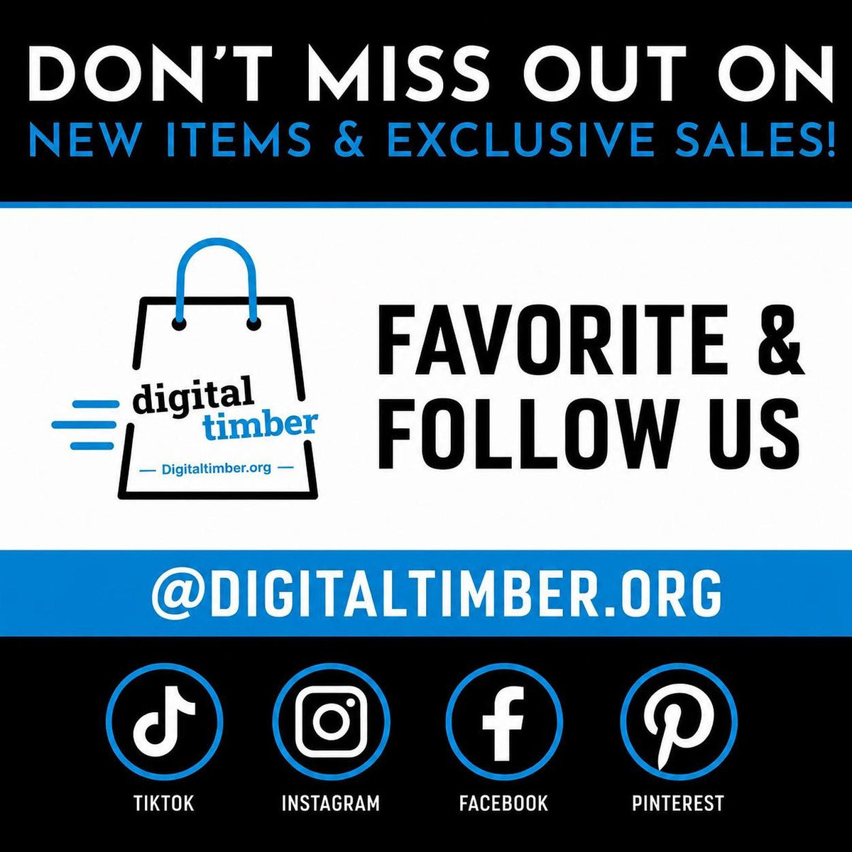 A blue and white graphic with text "DON'T MISS OUT ON NEW ITEMS & EXCLUSIVE SALES!" and "FAVORITE & FOLLOW US" with social media icons for TikTok, Instagram, Facebook, and Pinterest. __etsy:8284216478