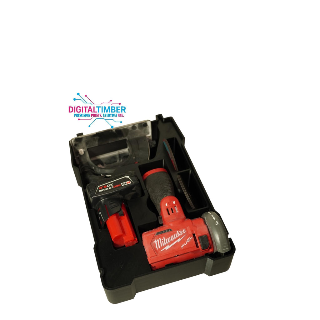 A red Milwaukee M12 cut-off tool with a battery is placed in a black custom-fit plastic tray. __etsy:8284248746