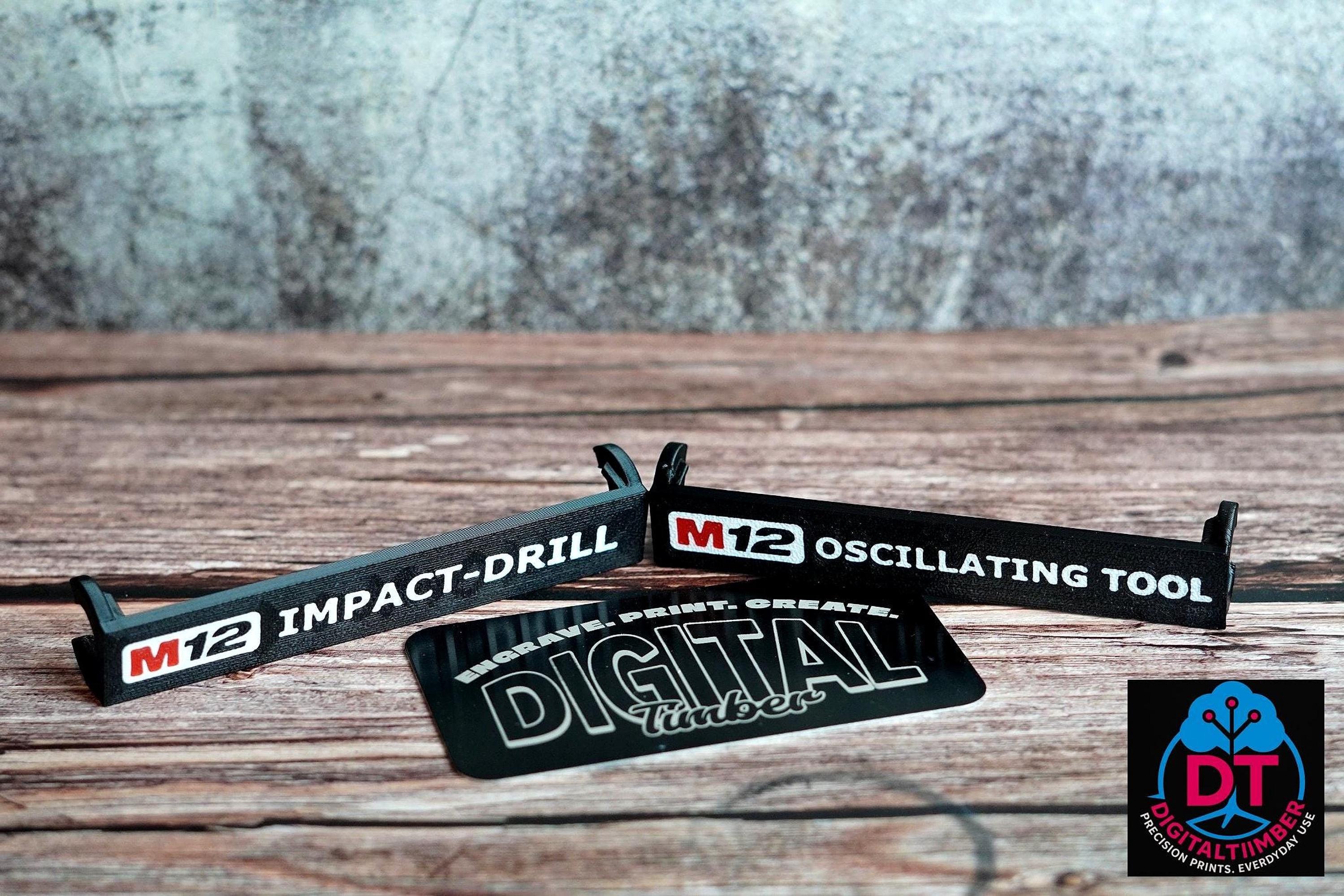 Two custom M12 tool labels for Packout, reading “IMPACT-DRILL” and “OSCILLATING TOOL” __etsy:8313099306