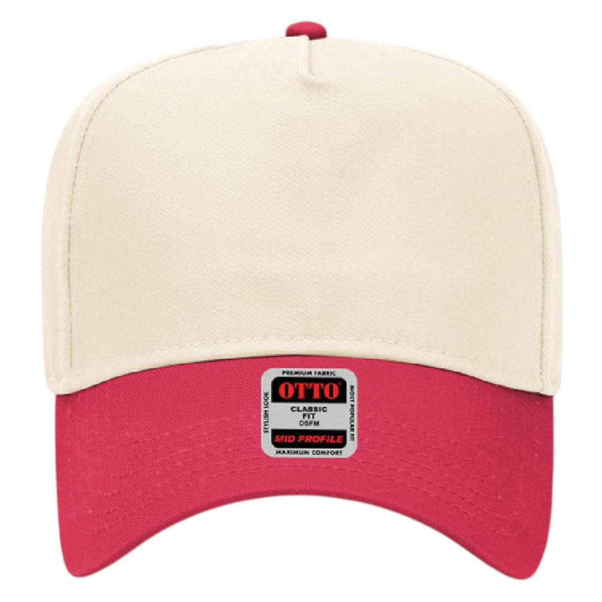 Front view of an off-white snapback hat with a red brim and a white tag with black text that reads "OTTO CLASSIC FIT GSM MID PROFILE". __etsy:8332131895