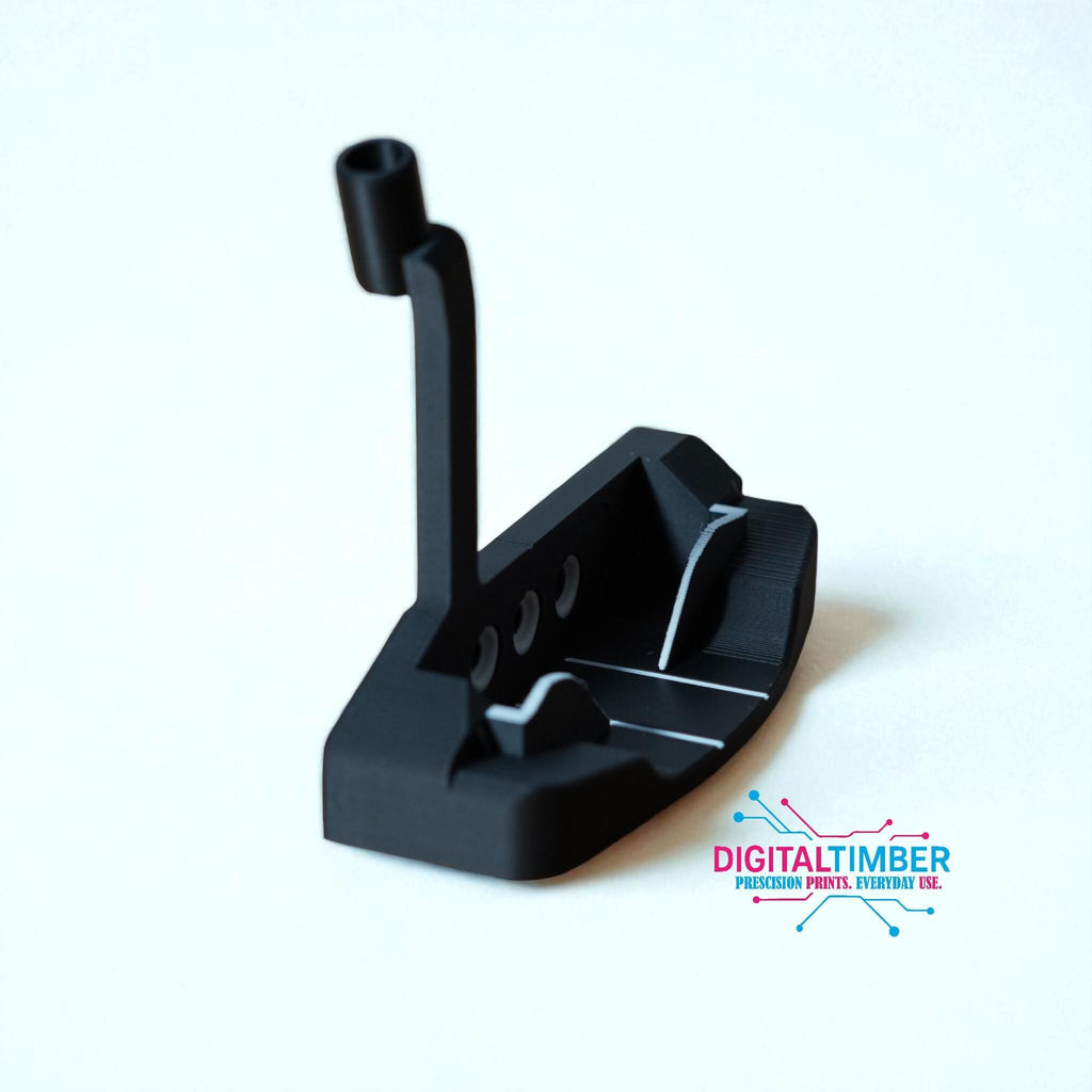 A black 3D-printed golf putter-shaped business card holder is shown from a slightly elevated back view, with white accents on the putter face. __etsy:8332145121