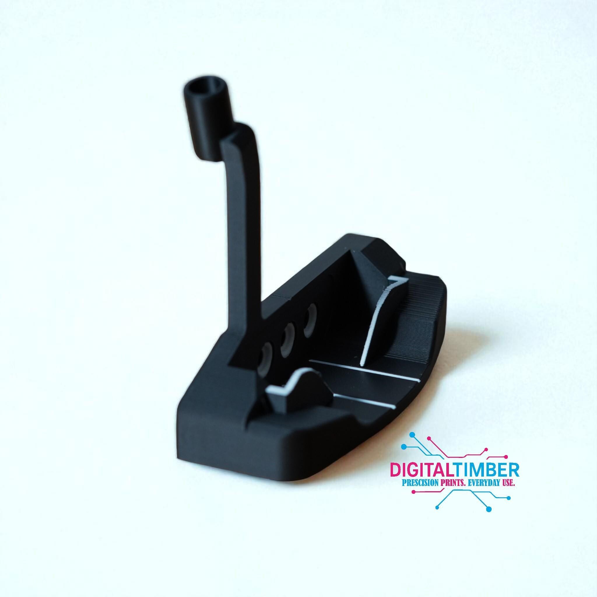 A black 3D-printed golf putter-shaped business card holder is shown from a slightly elevated back view, with white accents on the putter face. __etsy:8332145121