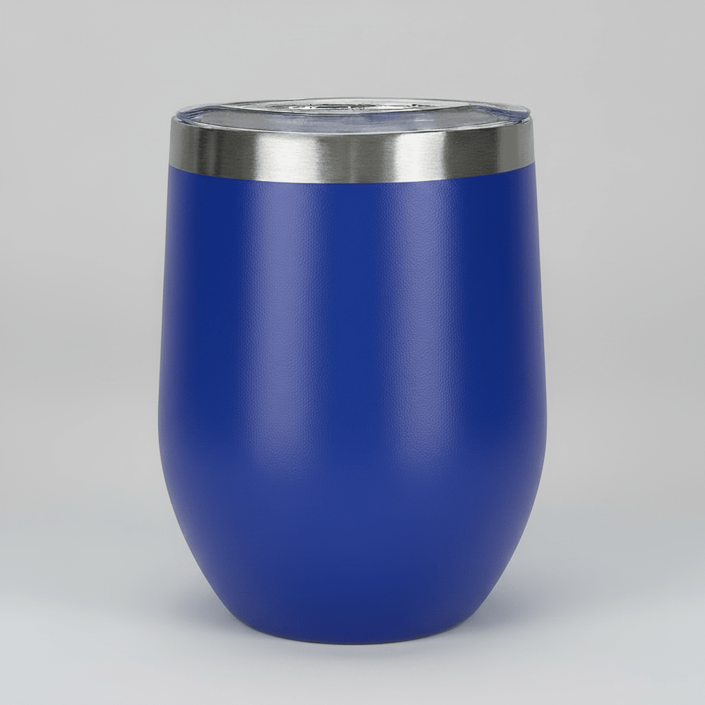 Blue 12oz stainless steel wine tumbler before customization