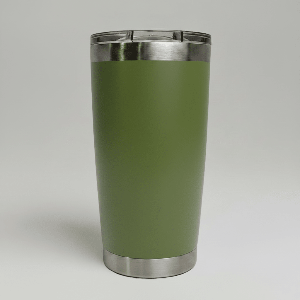 Army Green MKR Supply 20 oz stainless steel tumbler before custom UV logo printing