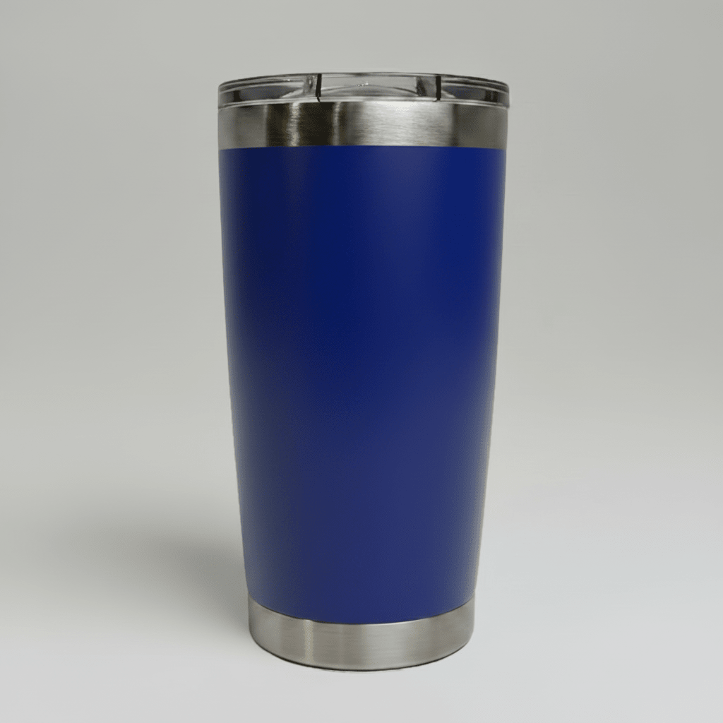 Blue MKR Supply 20 oz stainless steel tumbler before custom UV logo printing